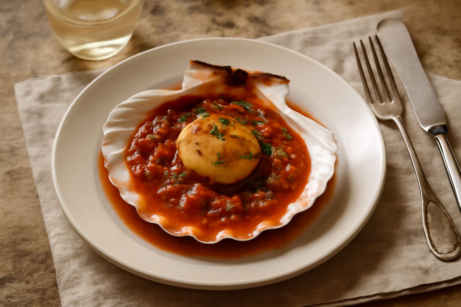 Capasante aperte in una pentola di terracotta con sugo di vino bianco, pomodoro, aglio e prezzemolo fresco, vapore che sale dalla pentola