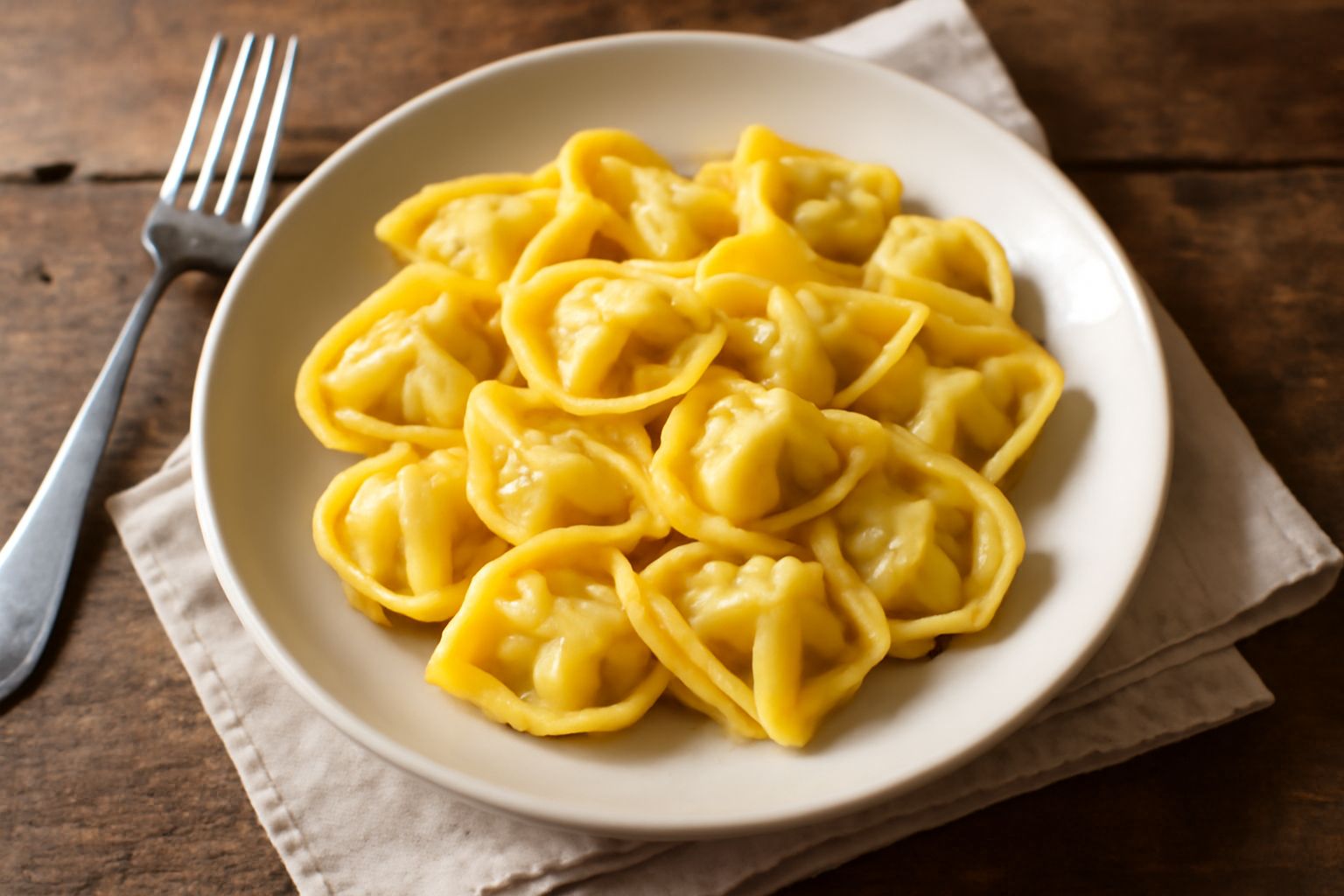 Capelletti di magro ripieni serviti in una ciotola di ceramica bianca con brodo caldo trasparente, visibili gli orli arrotolati e il ripieno verde che trasparisce dalla pasta gialla all'uovo, guarniti