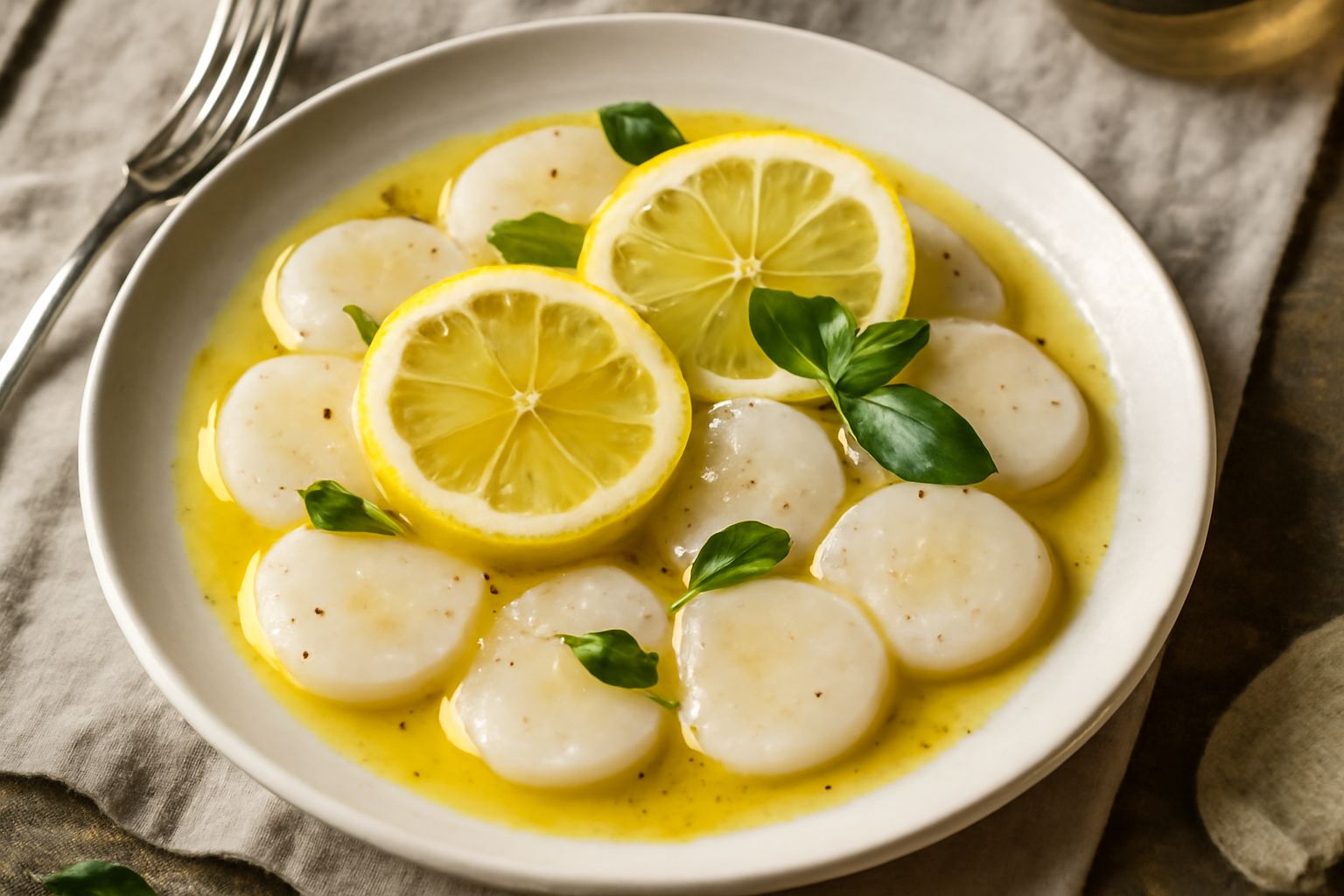 Capesante marinate nel piatto bianco, pale rotonde di mollusco traslucido, coperte di olio trasparente con scaglie di limone giallo e prezzemolo verde, contorno di insalata mista fresca