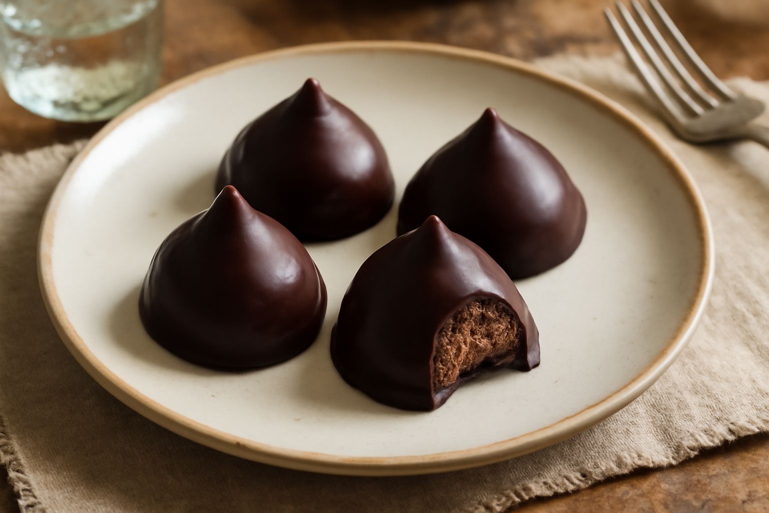 Ventiquattro Capezzuoli di Napoli disposti in file su carta bianca, con la forma conica caratteristica e la glassa al cioccolato lucida, e una nocciola intera sulla punta di alcuni