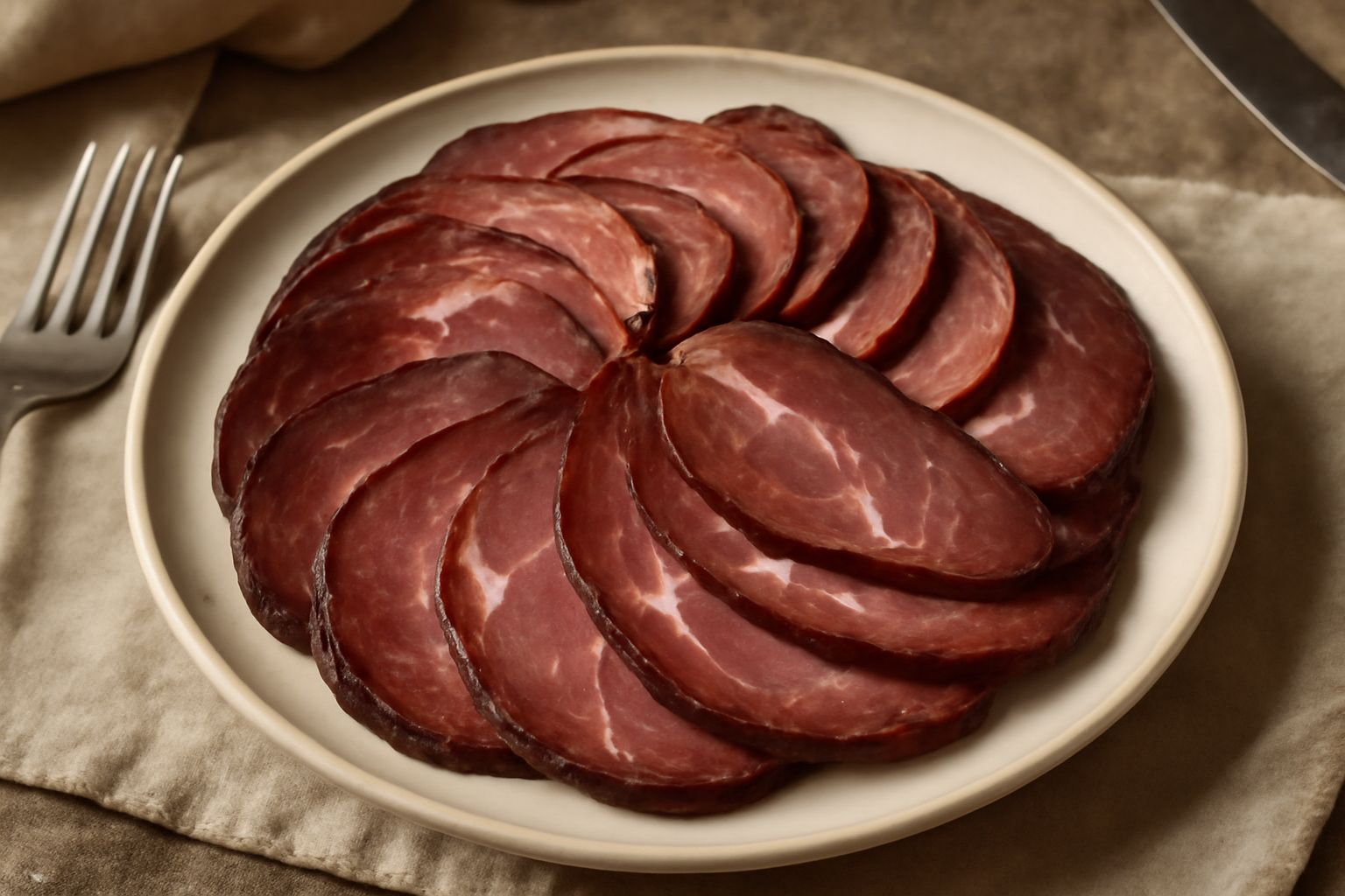 Fette di capicola affumicata disposte a ventaglio su un piatto bianco, colore marrone scuro con sfumature rosate, bordo di grasso bianco e marmorizzazione interna visibile