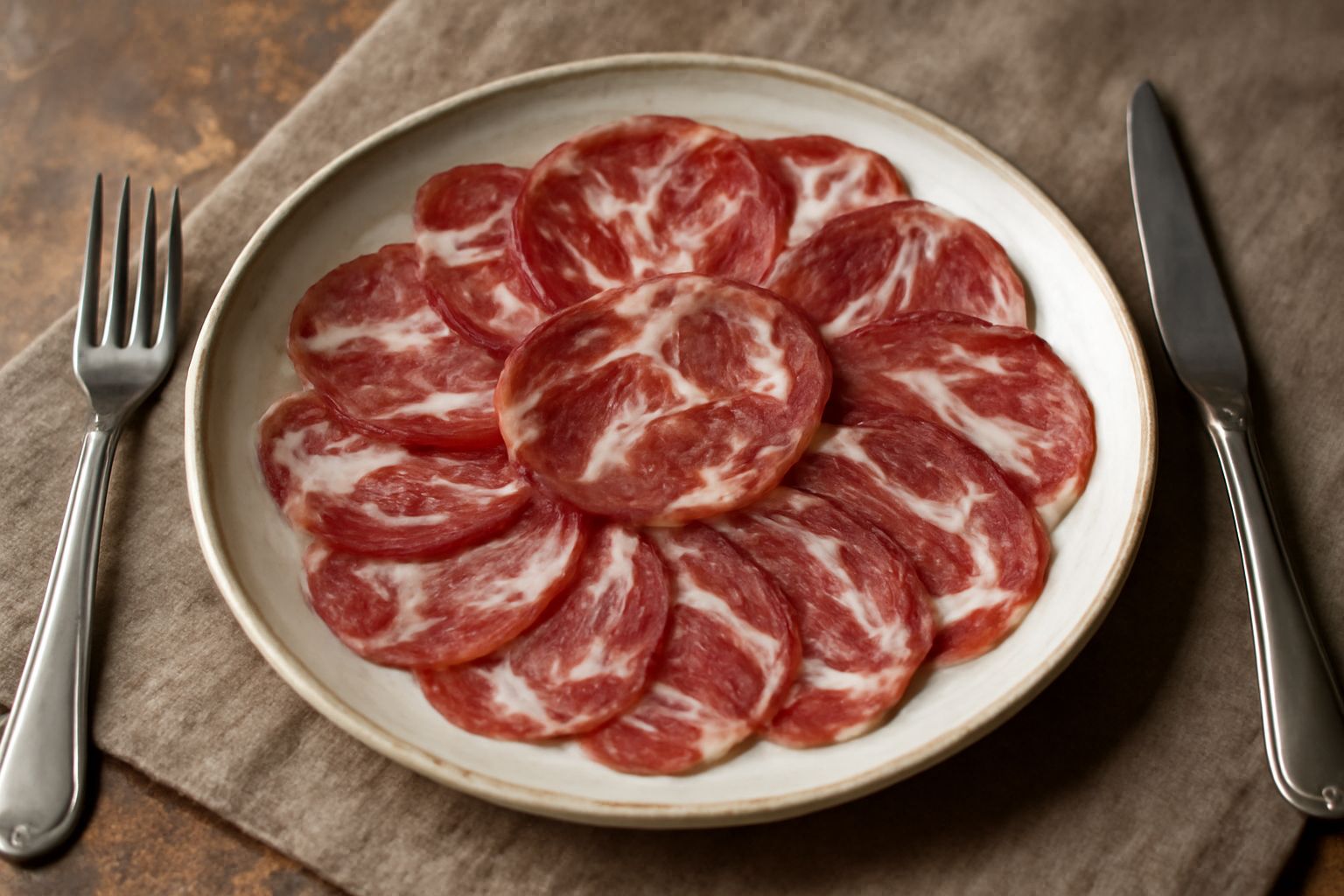 Affettato di capicola color rosso scuro su tagliere di legno con mozzarella fresca e pane carasau, accanto a bicchiere di vino rosso