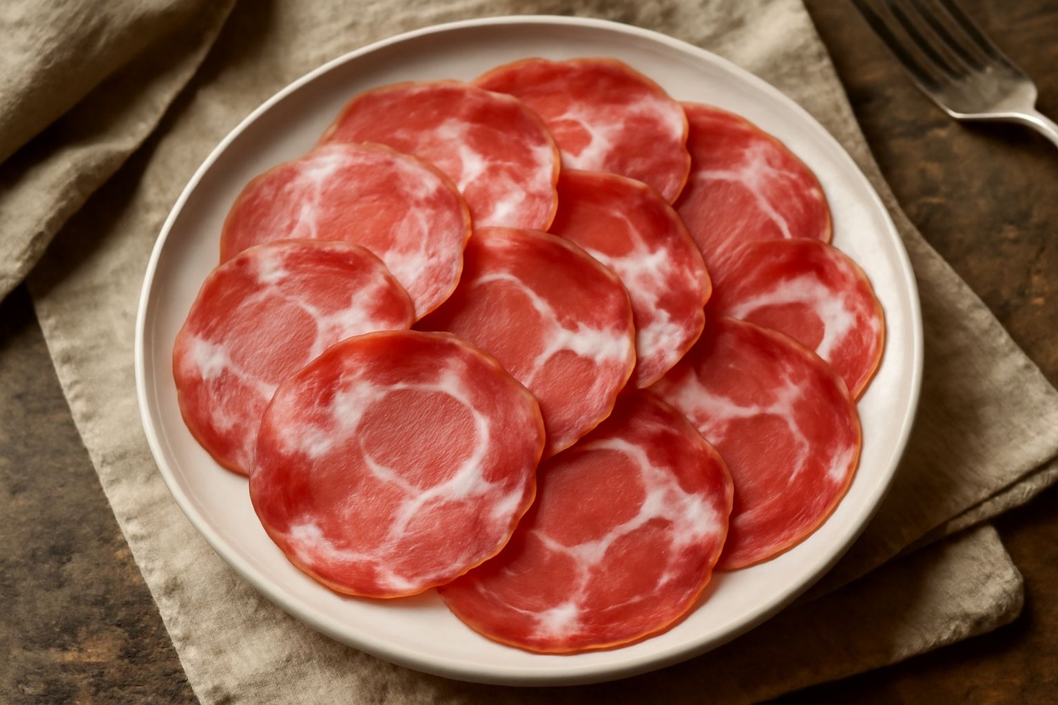 Fette sottili di capicola rosa e rossa disposte a ventaglio su un piatto bianco, con cristalli di sale e peperoni rossi in sottofondo sfocato
