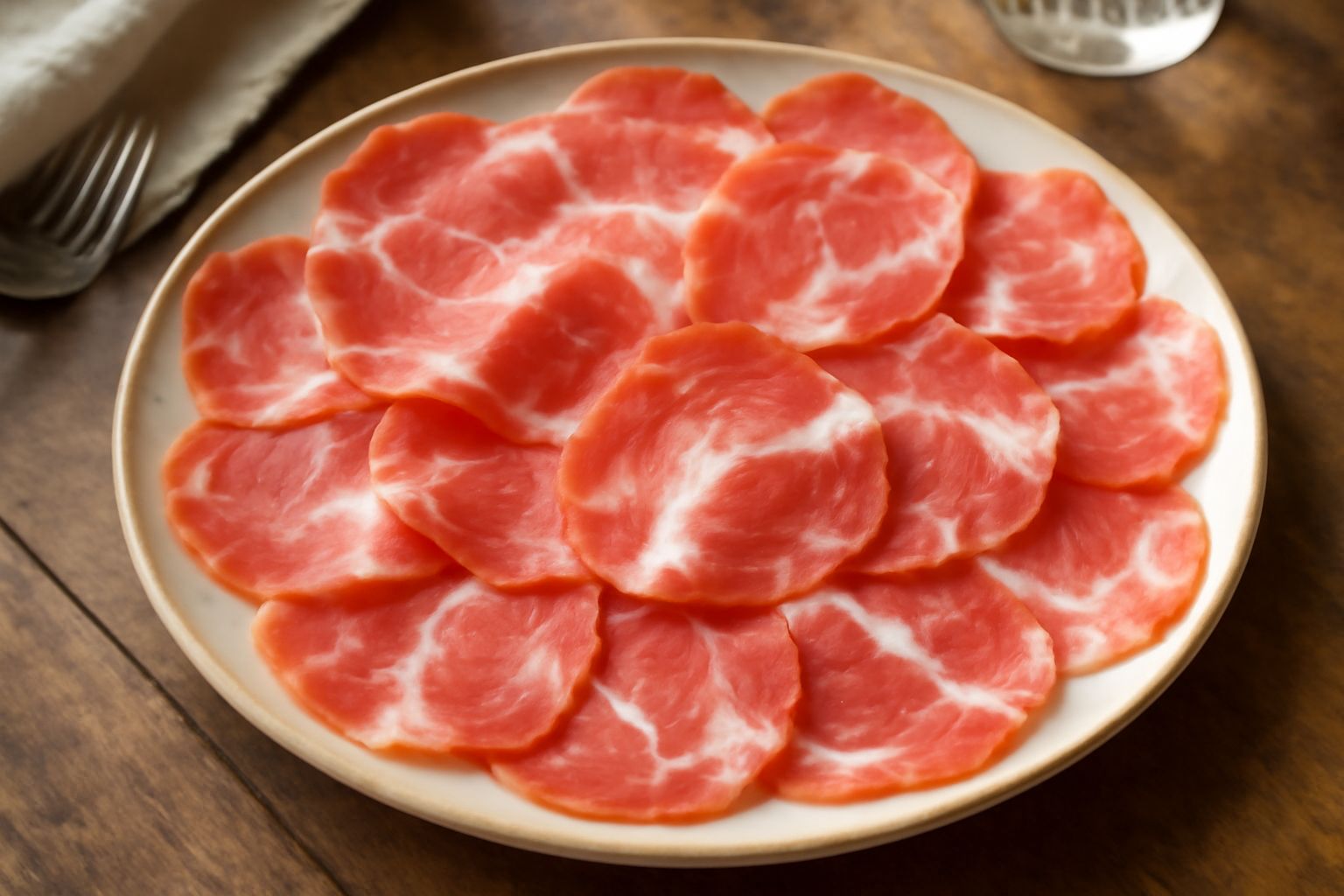 Fette di capicolla dal colore rosa corallo con venature bianche di grasso, disposte a ventaglio su un piatto bianco, con pane tostato e olive nere accanto