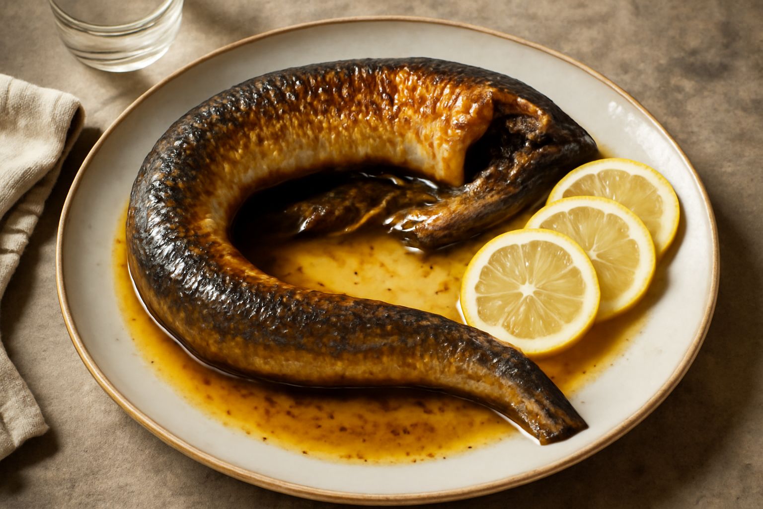 Capitone intero cotto al forno su piatto bianco, dorato con patine croccanti sui bordi, contornato da fette di limone fresco e rametti di prezzemolo verde