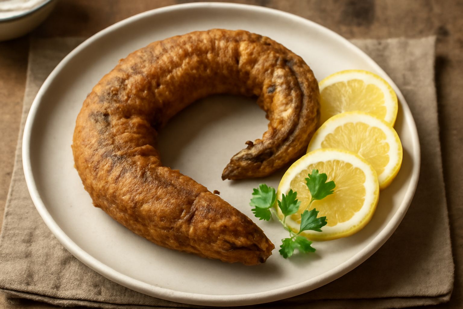 Capitone intero fritto su piatto bianco, doratura uniforme, corpo ricurvo, contorno di limone e prezzemolo fresco