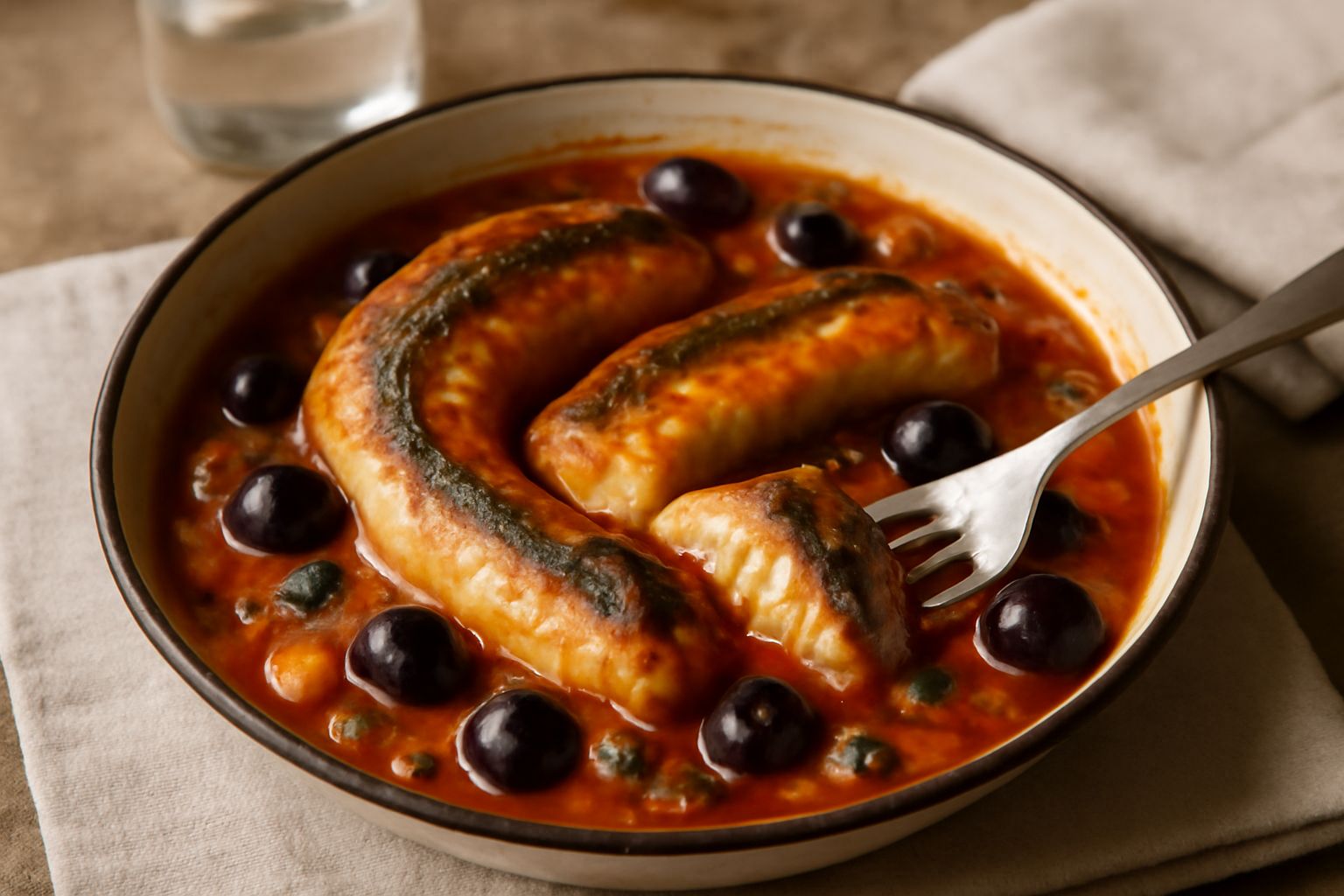 Capitone cotto in umido in una pentola di terracotta, immerso in sugo rosso con pomodori, olive nere e prezzemolo fresco, accompagnato da cipolla e aglio visibili nel brodo