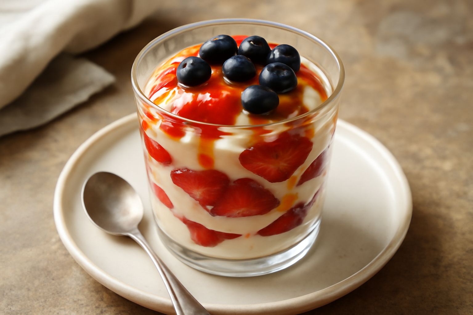 Bicchiere trasparente con strati di gelato vaniglia, fragole rosse affettate, mirtilli blu, e salsa caramello dorata che scivola sui lati, cucchiaio da dessert appoggiato sul bordo.