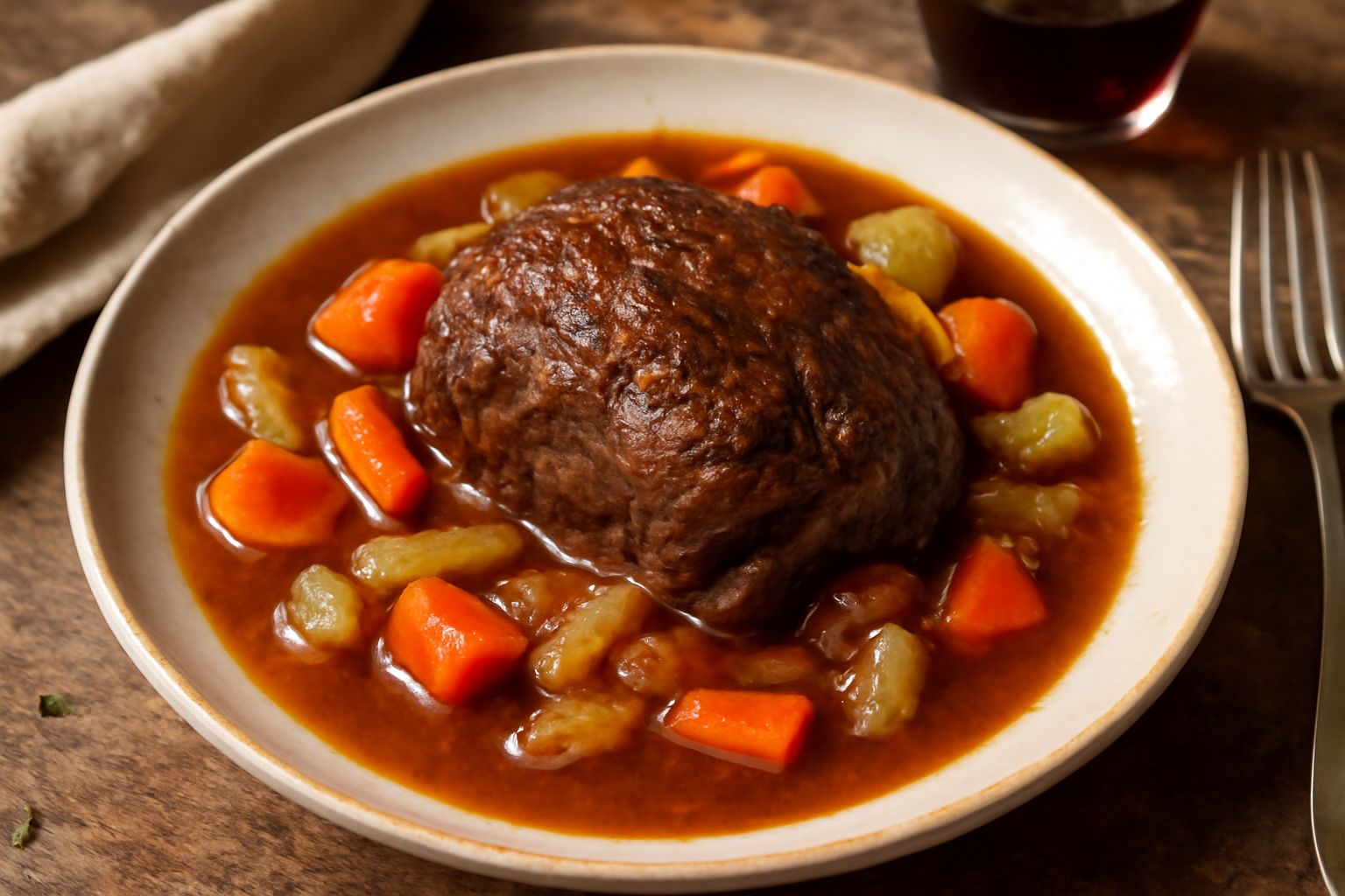 Capocoio in umido rosso scuro servito in piatto bianco fondo con carote, sedano e cipolla, circondato da brodo, accompagnato da pane tostato ai lati
