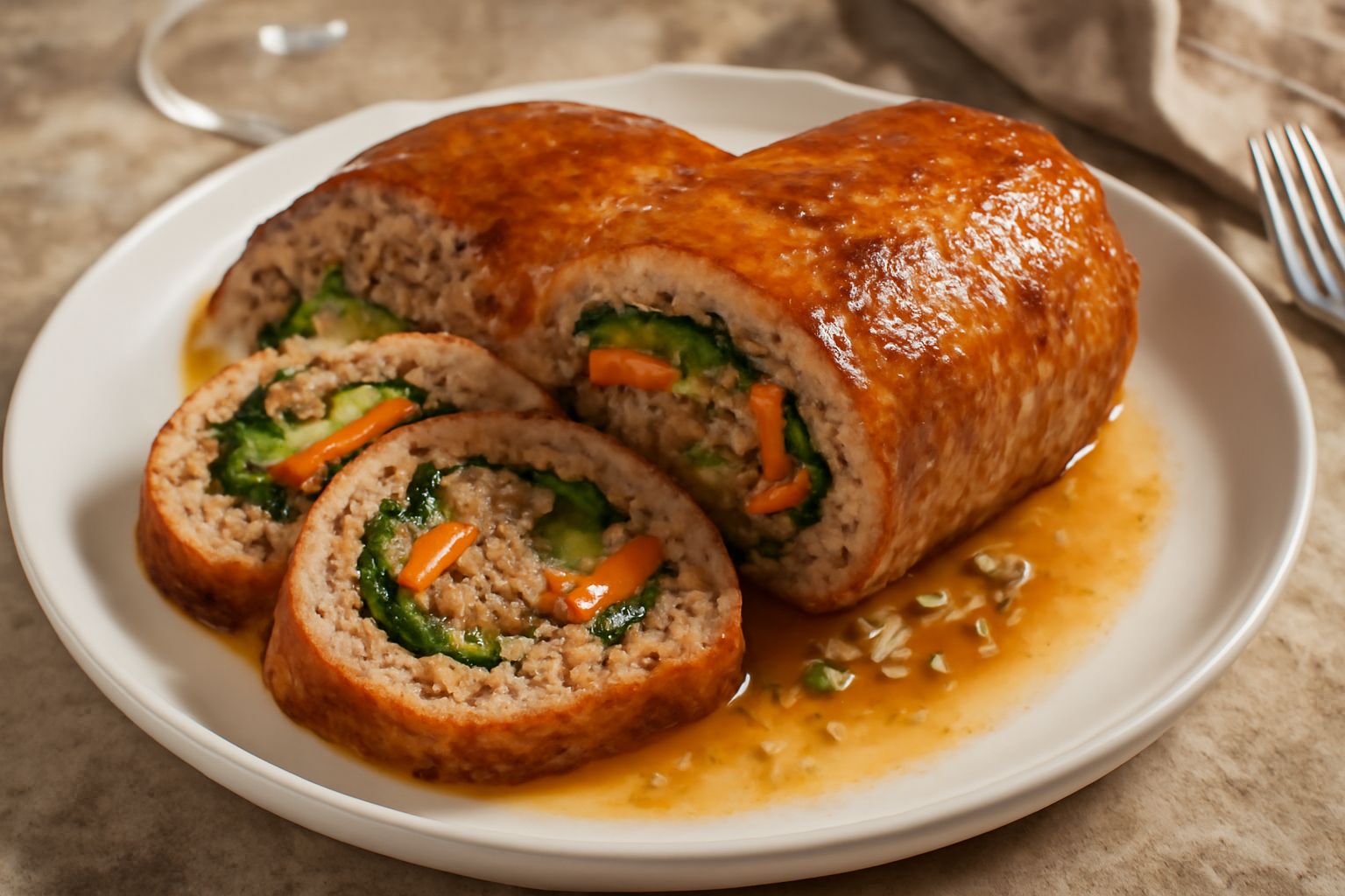Capocoio ripieno affettato nel piatto bianco, sezione trasversale che mostra il ripieno di verdure e carni, colore rosso dorato della carne con sfumature di verdure verdi e gialle, accompagnato da ruc