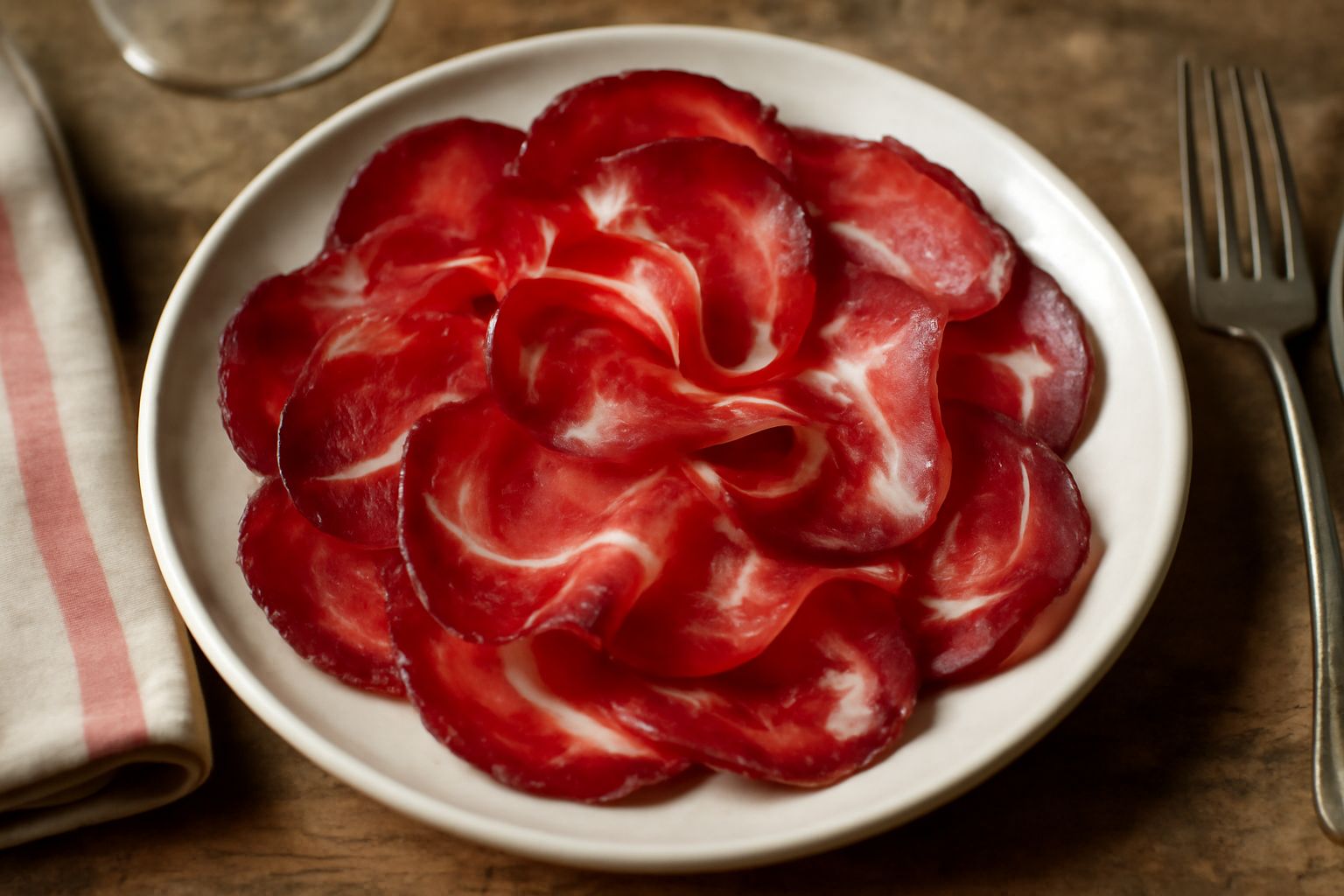 Fette sottili di capocollo rosso scuro con venature bianche di grasso disposto a raggiera su un piatto bianco, con contorno di pane tostato e olive nere