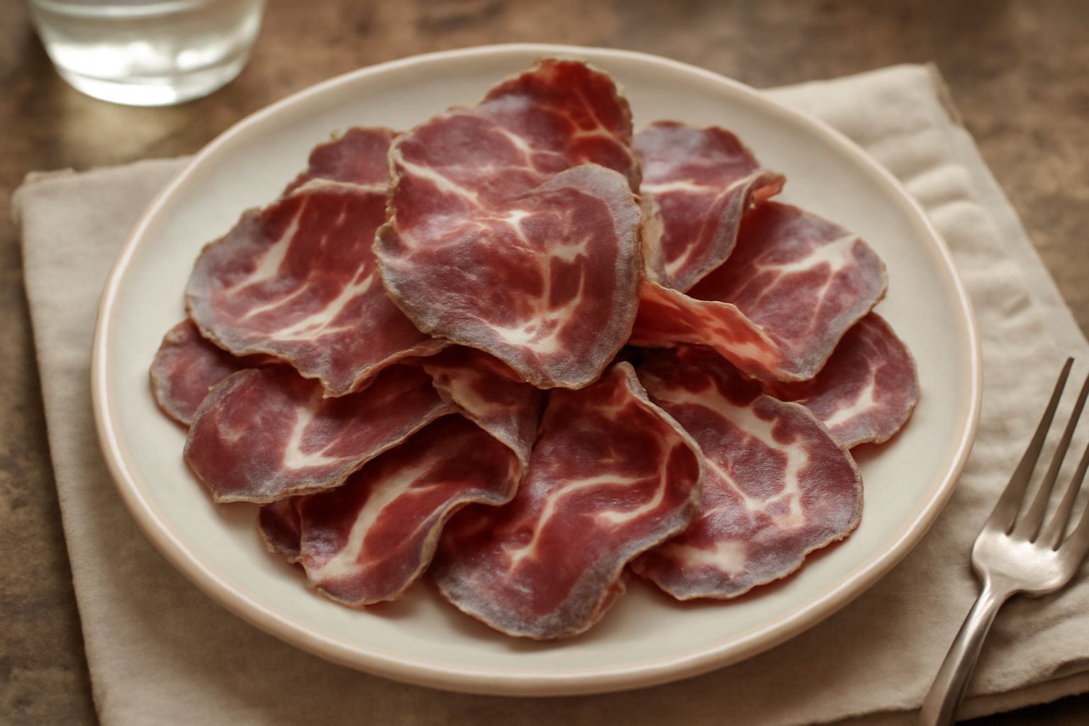 Capocollo di Calabria affettato sottile in piatto bianco, fette rosse scure con alone grigio affumicato, contornato da pane tostato croccante e olive nere lucide