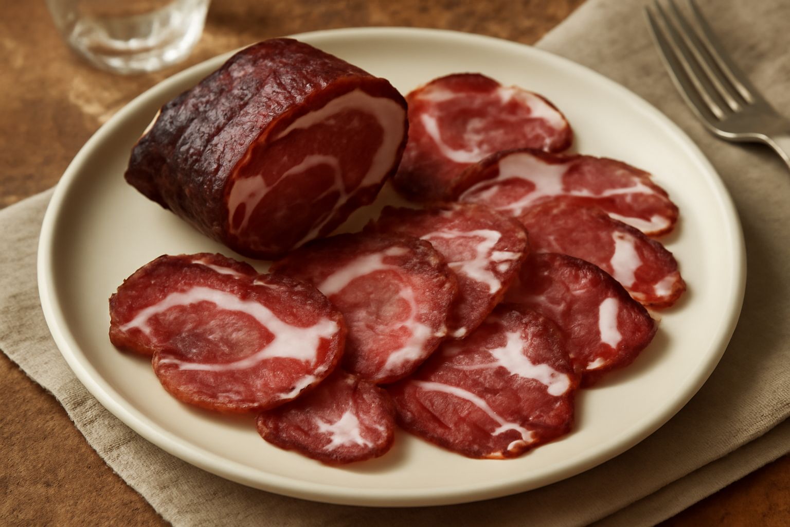 Fette di capocollo di Campobasso rosso scuro con venature bianche di grasso, disposte in cerchio su un piatto bianco, accompagnate da pane tostato