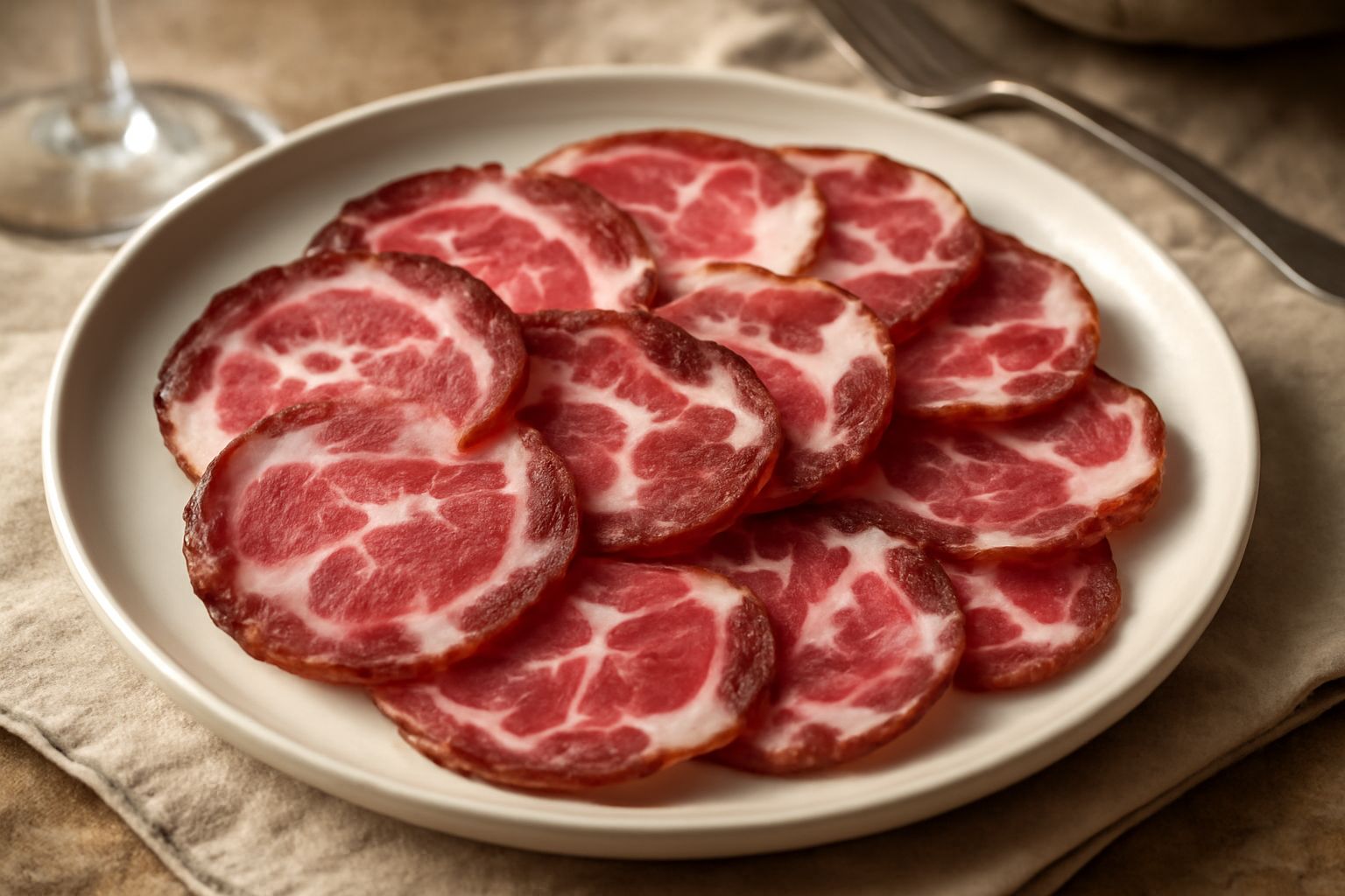 Affettato di capocollo di Martina Franca dal colore rosso scuro con marezzatura bianca disposto a ventaglio su un piatto bianco con pane tostato di fianco