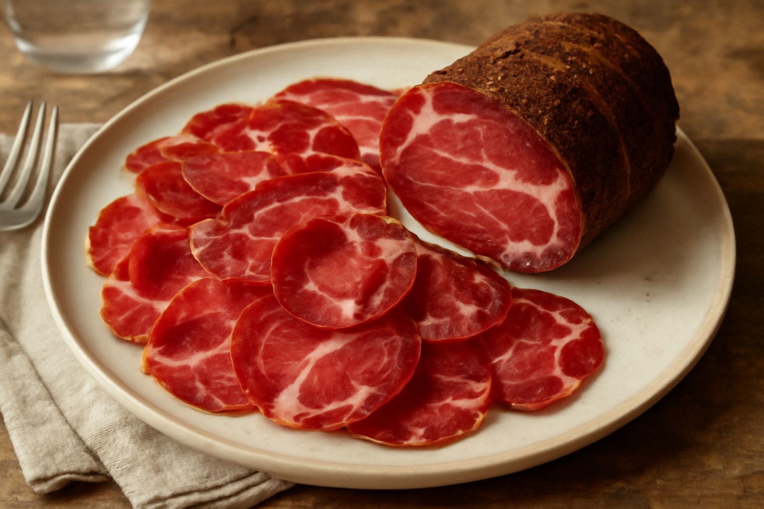 Capocollo di Norcia affettato sottile su un piatto bianco, colore rosso scuro con striature di grasso bianco, accanto a pane toscano e olive verdi