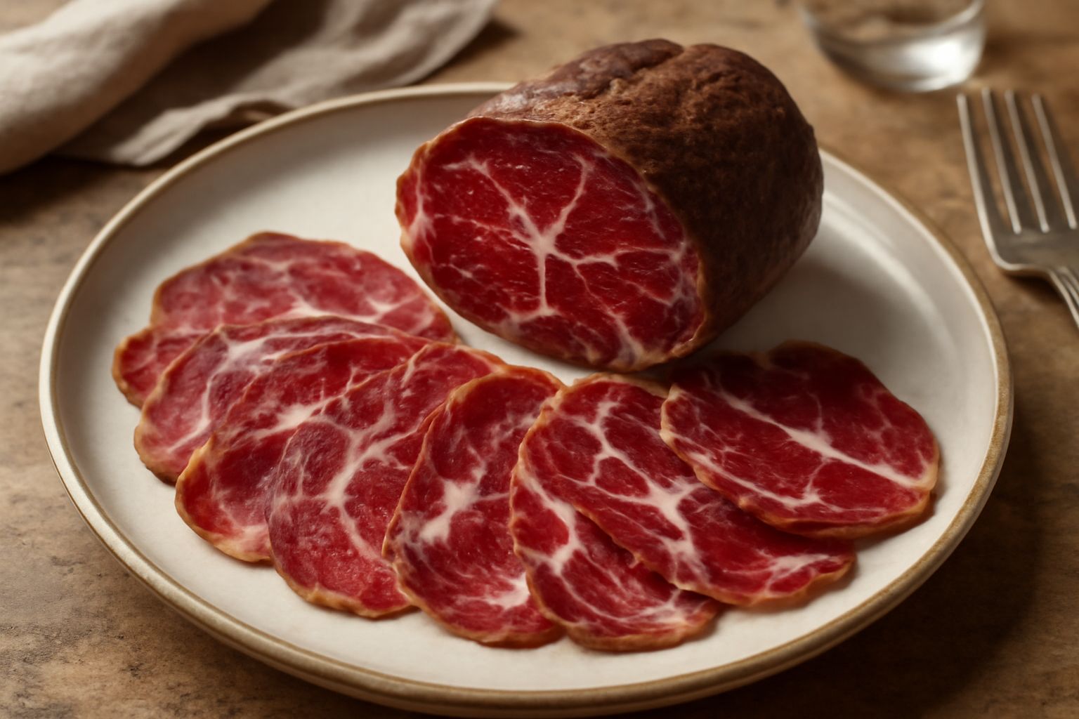 Fette di capocollo di Spoleto di colore rosso scuro con venature di grasso bianco, disposte a raggiera su un piatto bianco, con accanto pane toscano e un bicchiere di vino rosso
