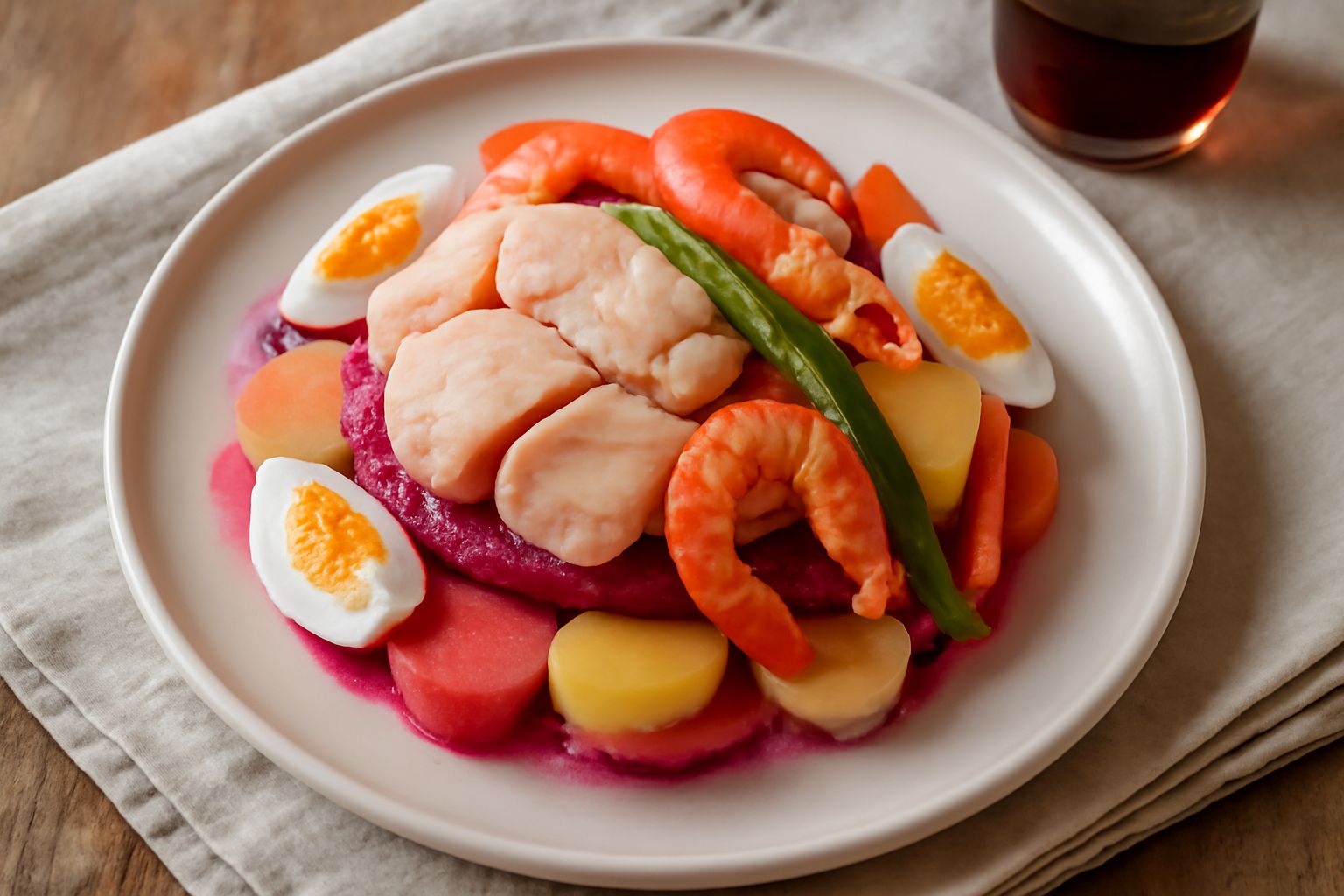 Piatto rotondo bianco con capon magro: fette di pesce bianco, gamberetti, patate, carote, barbabietola rossa, uova sode tagliate, olive nere, il tutto disposto in cerchi concentrici e condito con sals