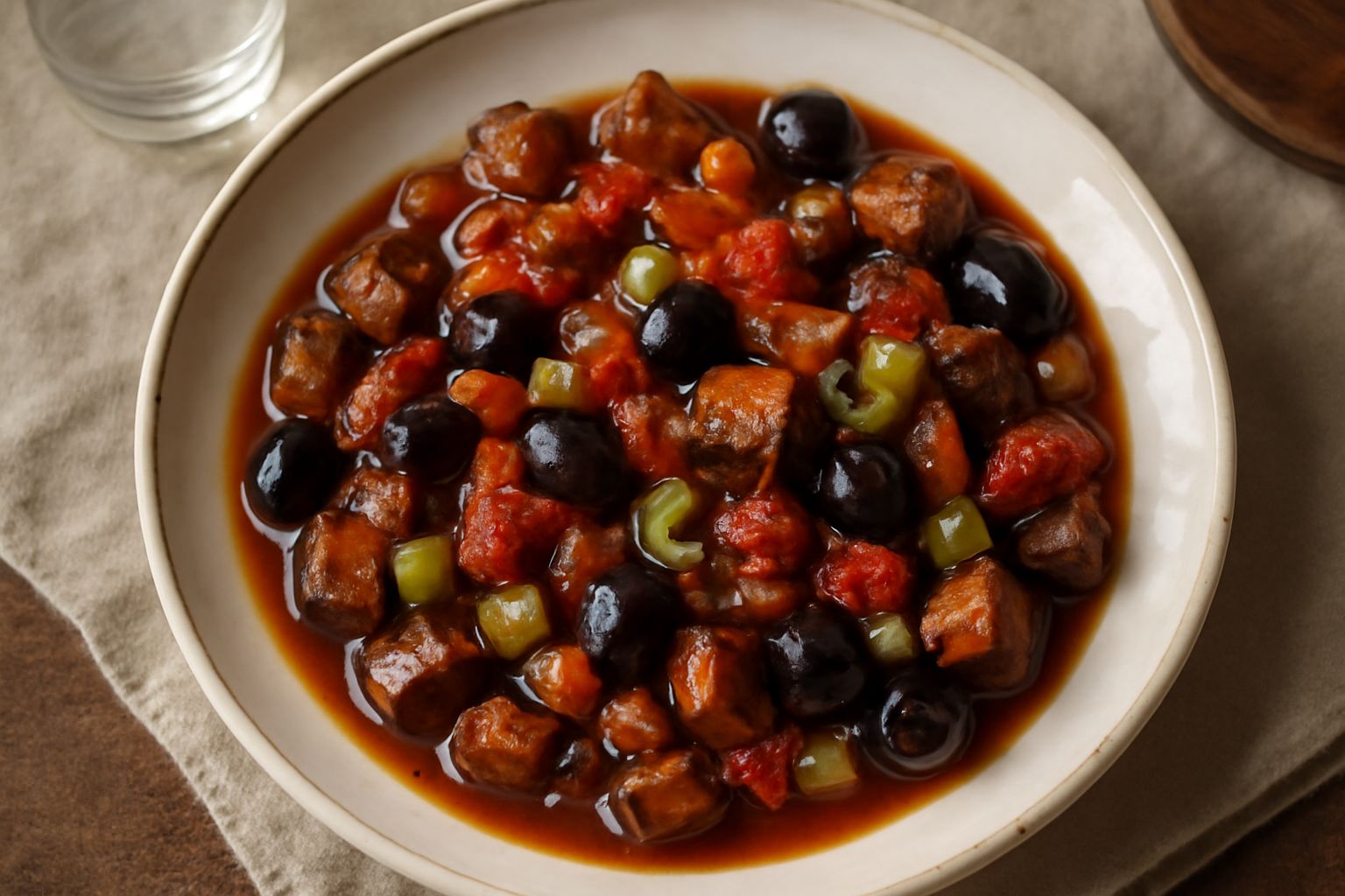 Caponata in ciotola di ceramica: melanzane tagliate a dadini di colore marrone dorato, pomodori rossi, olive nere, sedano verde, il tutto immerso in un sugo agrodolce scuro e lucido, guarnito con prez