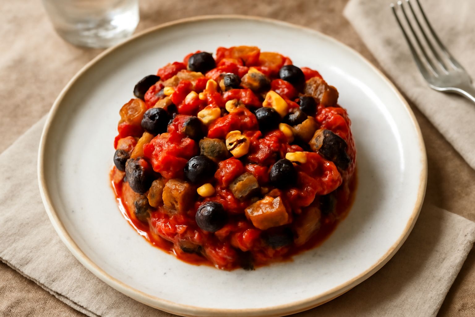 Caponata agrigentina in ciotola bianca con melanzane viola scure tagliate a dadini, pomodori rossi, olive nere, capperi verdi e pinoli tostati sparsi in superficie, con olio lucido visibile