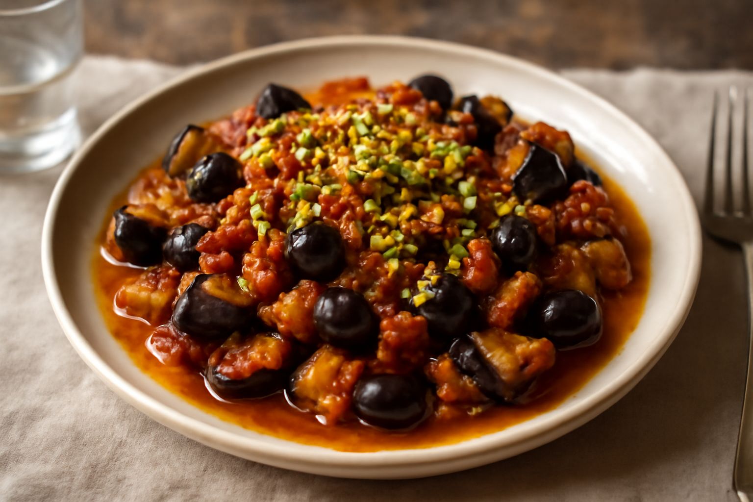 Caponata in piatto di ceramica bianca: melanzane scure tagliate a dadini, pomodori rossi, olive nere, uvetta e pistacchio verde tostato sparso in superficie, condimento lucido di aceto e olio, guarniz