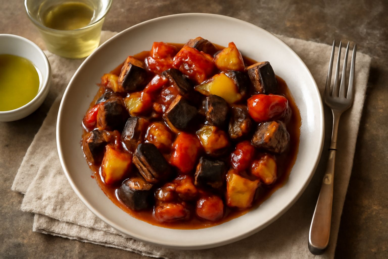 Caponata calabrese in piatto bianco: melanzane viola morbide, peperoni rossi e gialli, cipolla trasparente, il tutto lucido di olio, con aceto visibile, servita a temperatura ambiente