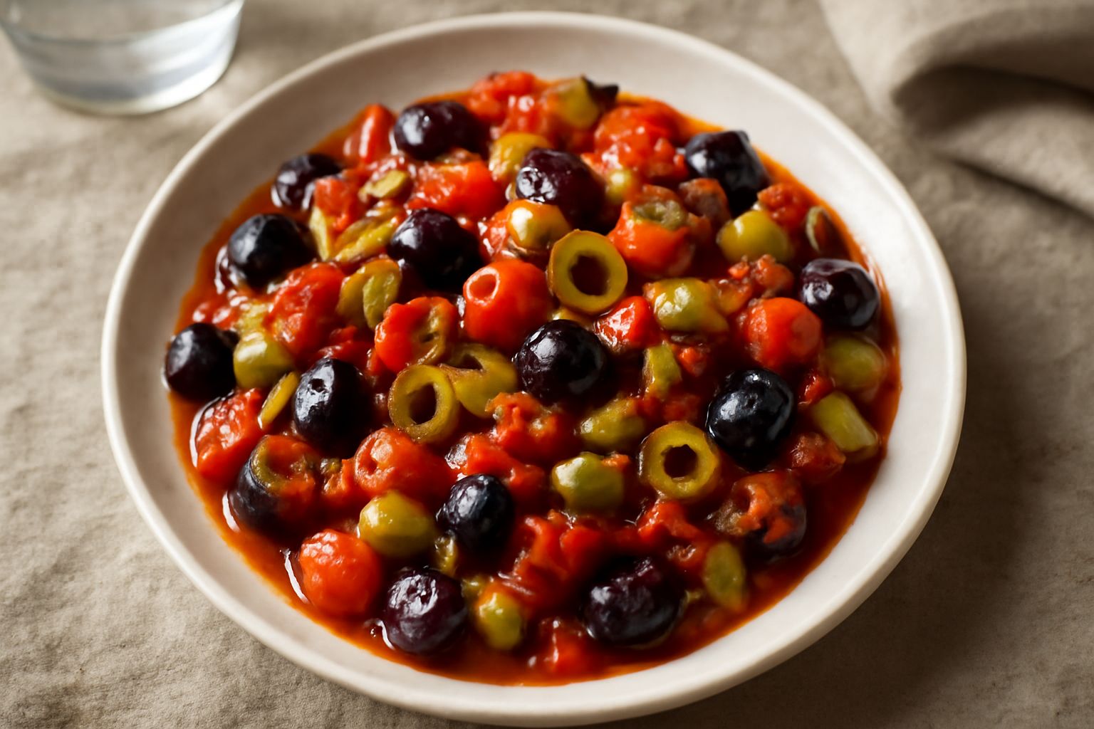 Caponata catanese in piatto bianco, melanzane viola tagliate a cubetti, sedano verde, pomodori rossi, olive nere, olive verdi sparse, aceto balsamico lucido, superficie umida, pepe nero macinato fresc