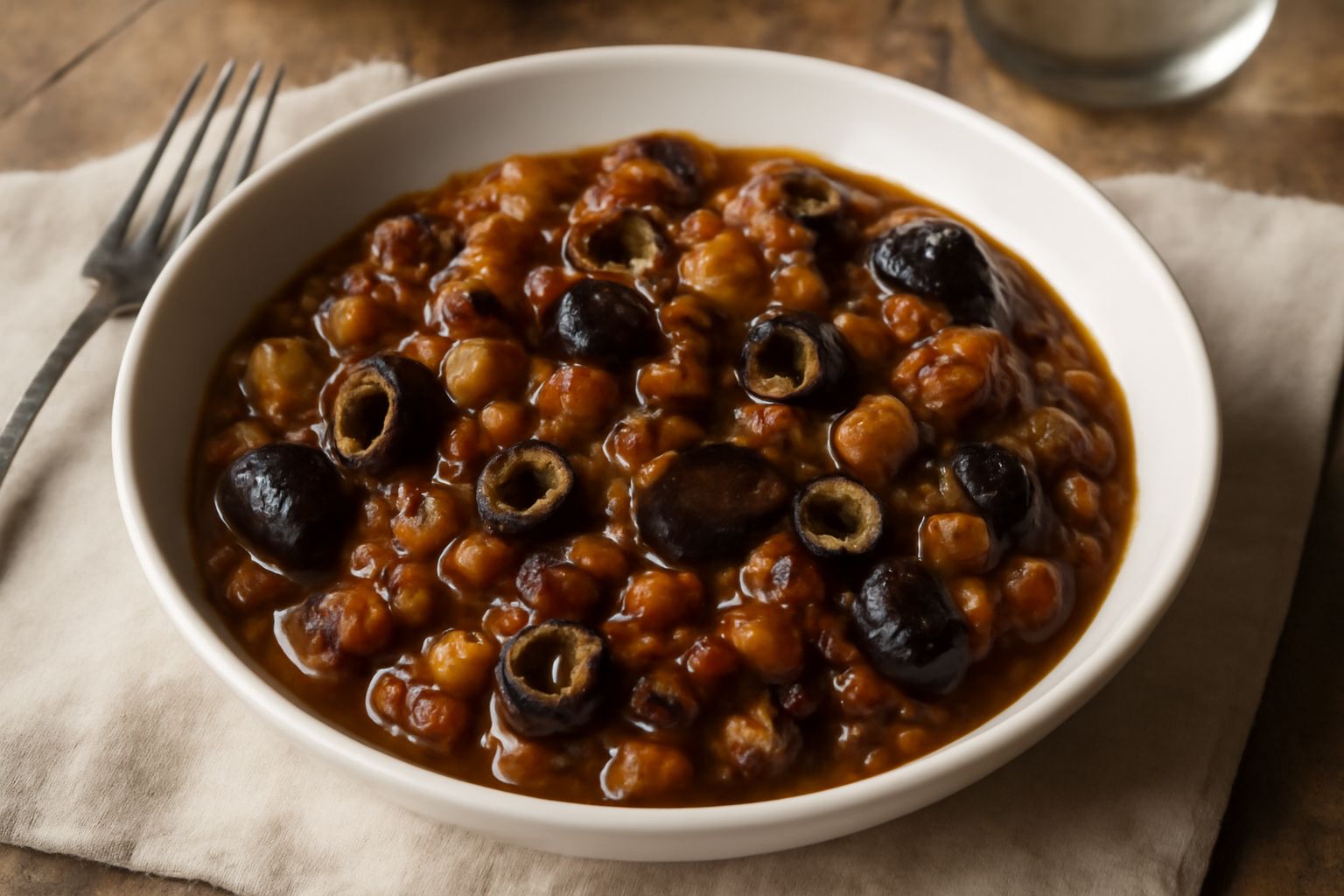 Caponata color marrone scuro e melanzana, con olive nere tagliate a spicchi e sedano, servita in una piccola ciotola bianca con accanto crostini tostati e un cucchiaio di legno