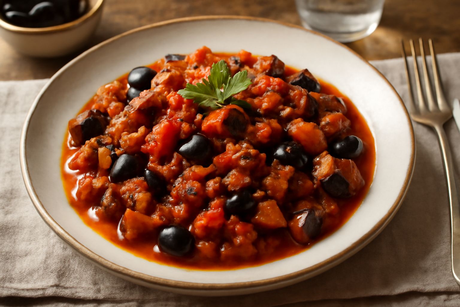 Caponata di carne servita in un piatto bianco: melanzane scure e morbide, pomodori rossi, olive nere, pezzi di carne macinata marrone, condita con olio, accompagnata da pane tostato ai lati