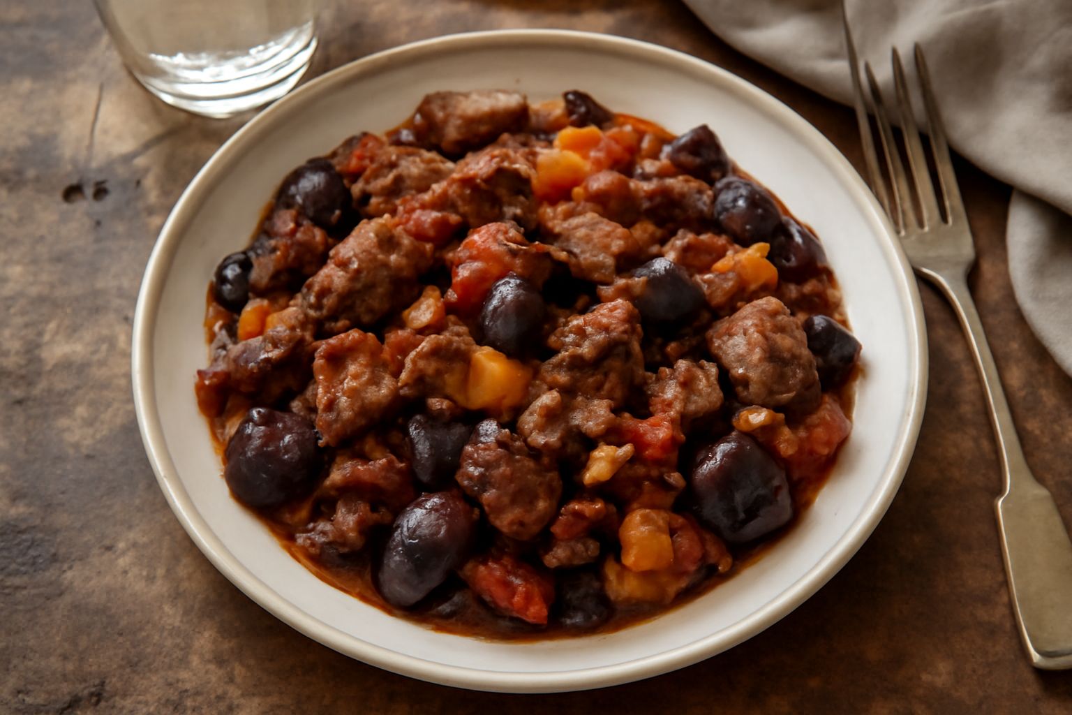 Caponata di carni miste servita in un piatto bianco: melanzane viola scure, pezzi di carne marroni e verdure rosse e gialle mixed insieme, con pinoli e uva passa sparsi in superficie