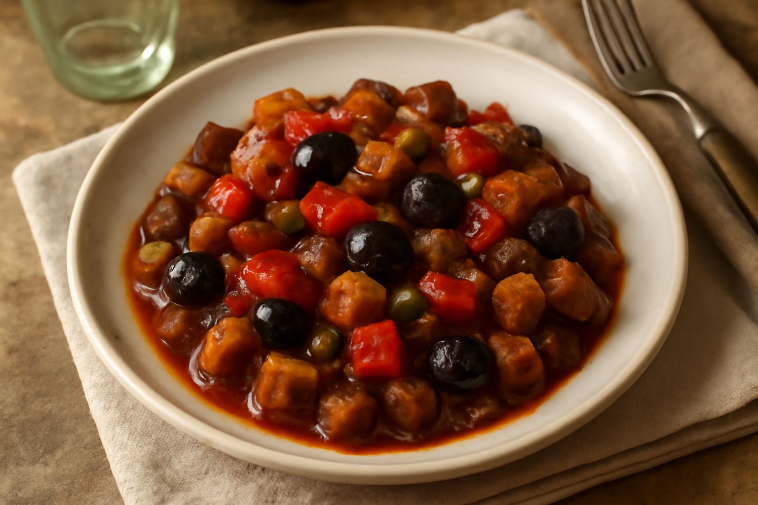 Una ciotola di caponata di melanzana con pezzi di melanzana viola scuro, pomodori rossi, olive nere, capperi verdi e salsa agrodolce che brillano, il tutto disposto su un piatto bianco con un cucchiai