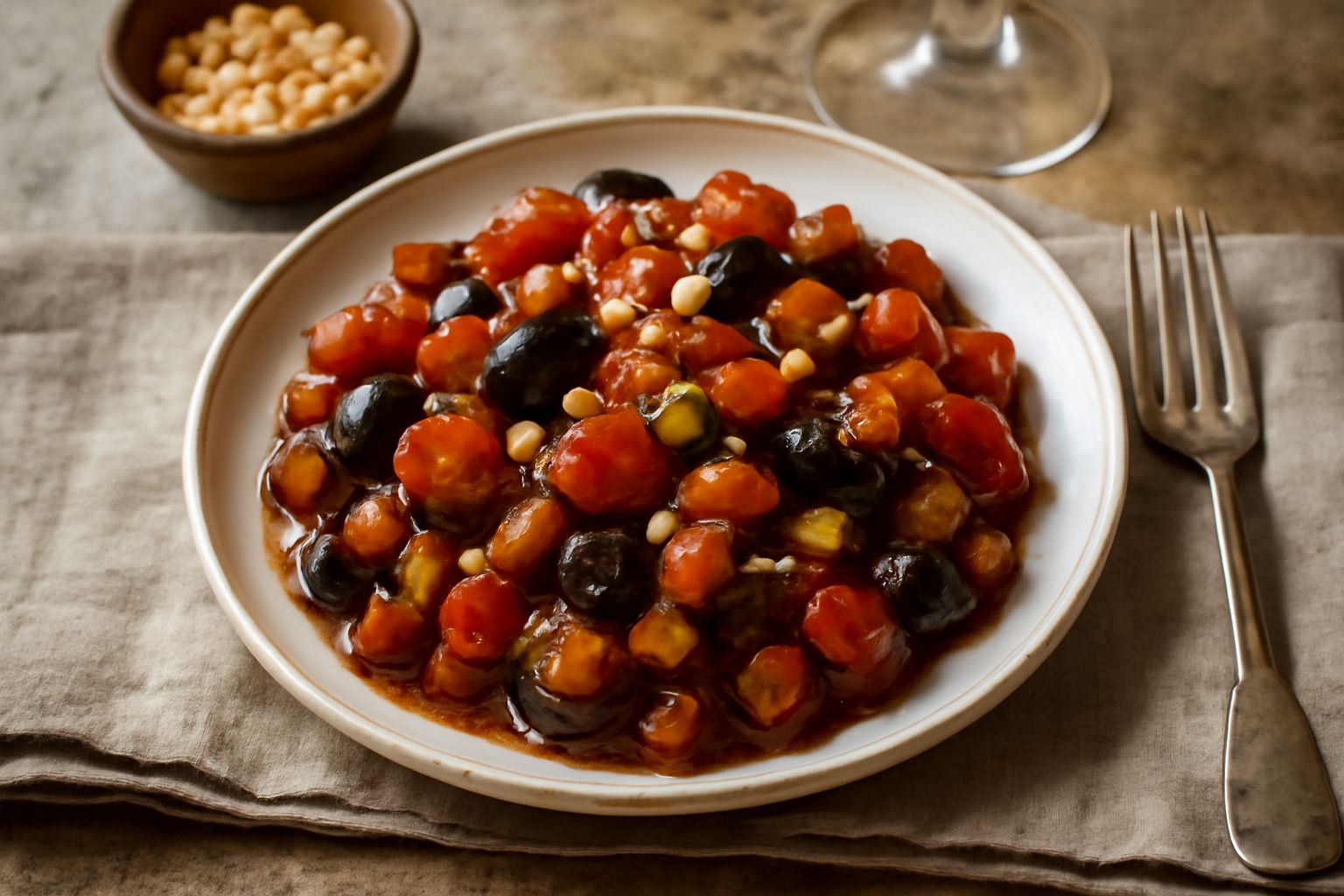 Caponata di melanzane in piatto bianco, con melanzane tagliate a dadini, olive nere, pomodori rossi, cipolla e salsa marrone scura agrodolce