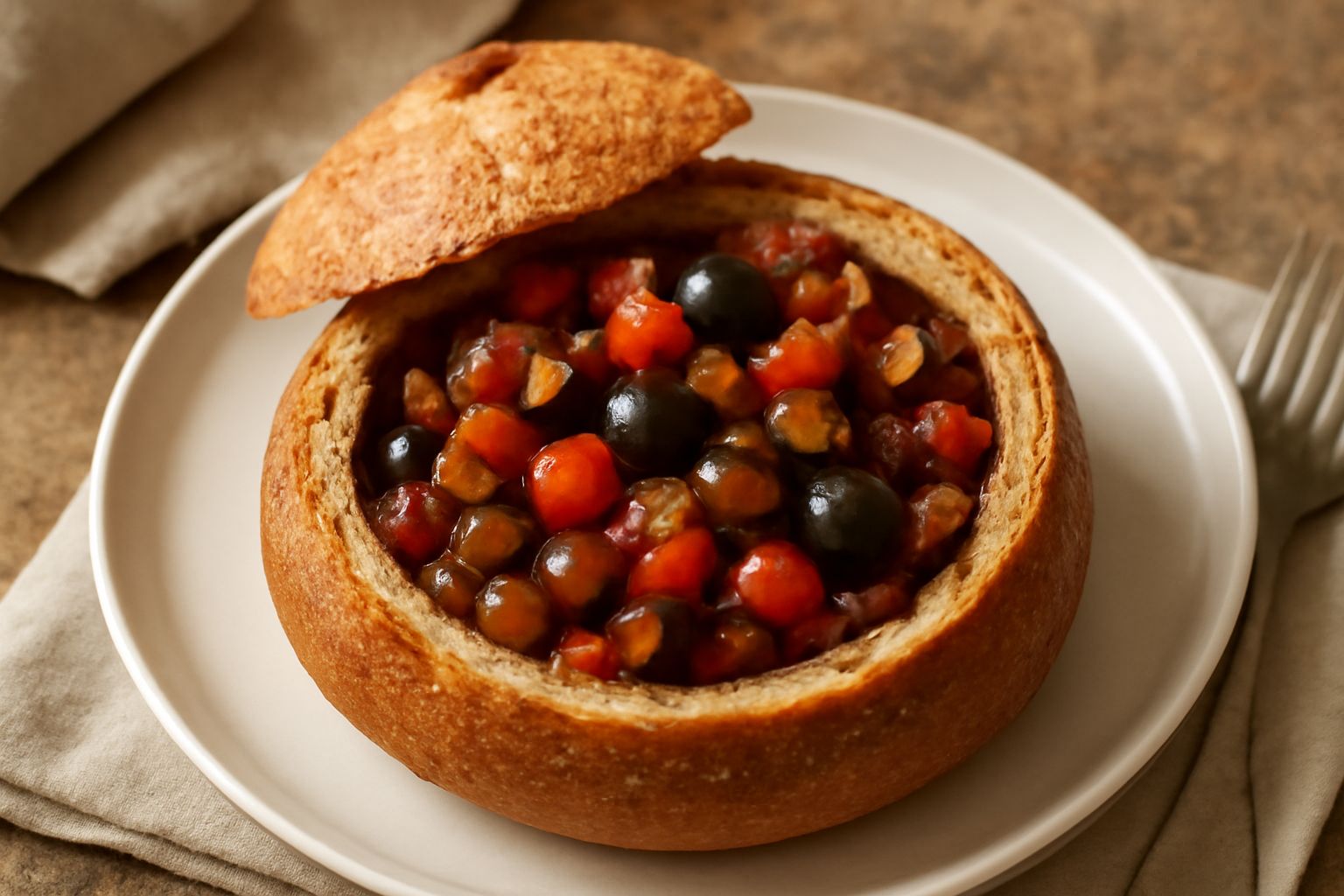Pane tondo riempito di caponata di melanzane viola scuro, pomodori rossi e olive nere lucide, il ripieno visibile dai lati, servito su un piatto bianco con contorno di pomodorini freschi