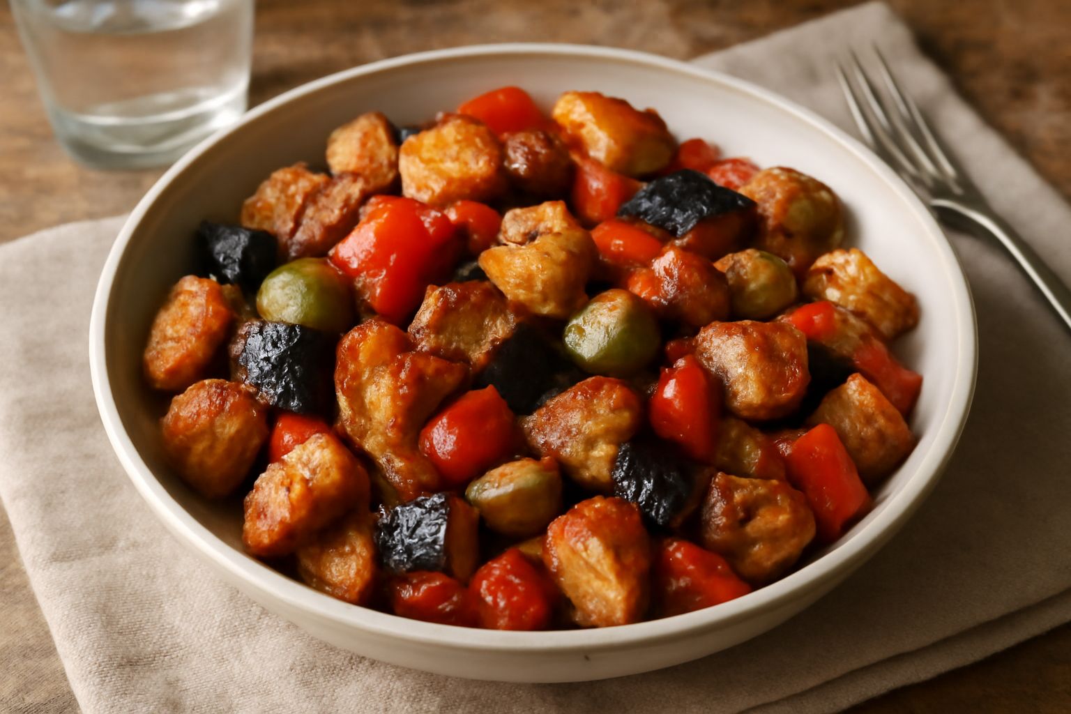 Caponata di pane raffermo in una ciotola bianca: cubetti di pane dorato tostato, melanzane scure, pomodori rossi, olive verdi, aggiunta di prezzemolo verde fresco, disposti in modo naturale su una tav