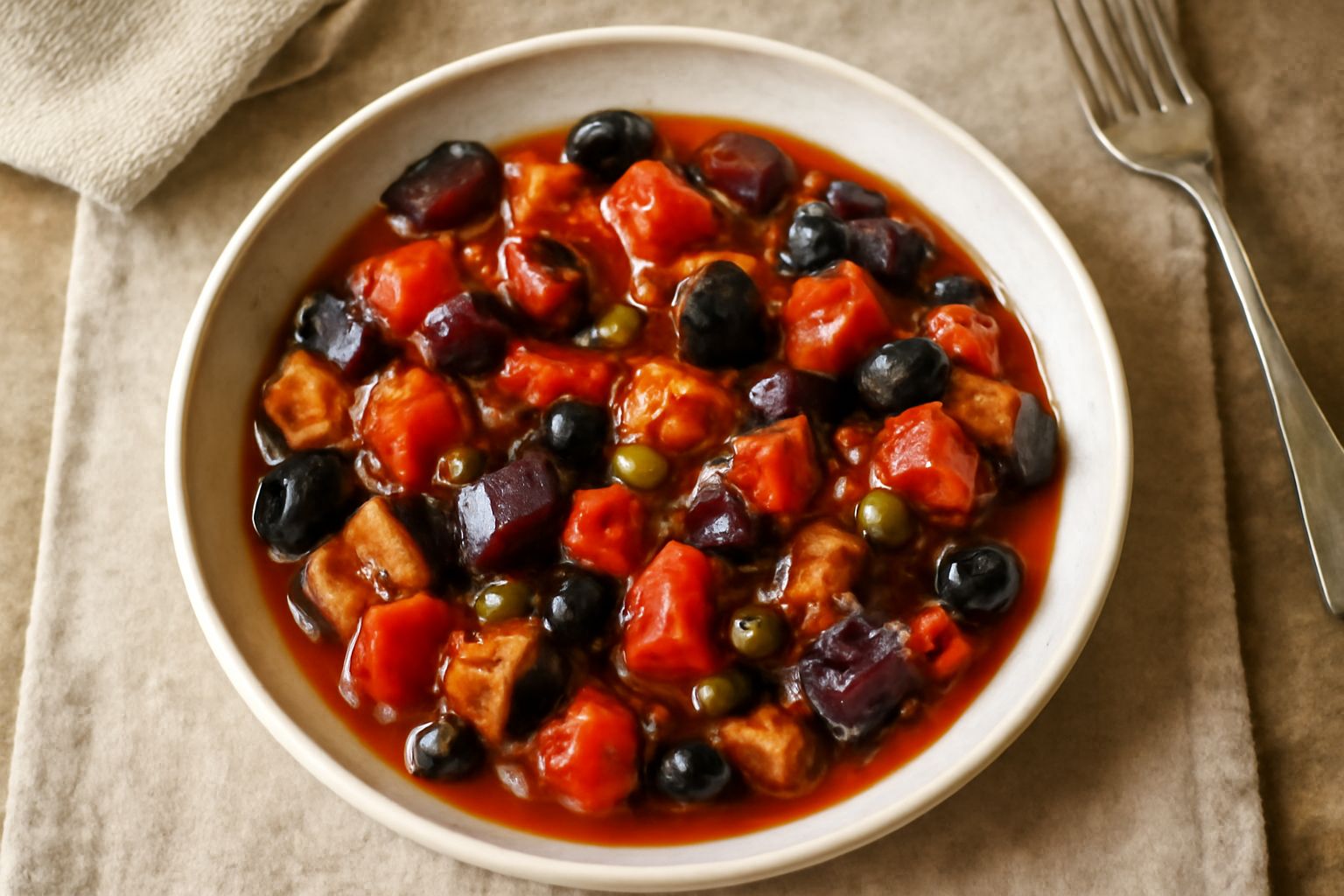 Caponata foggiana in una ciotola bianca: melanzane violacee tagliate a pezzi, pomodori rossi, olive nere, tutto immerso in una salsa agrodolce lucida, guarnita con prezzemolo fresco