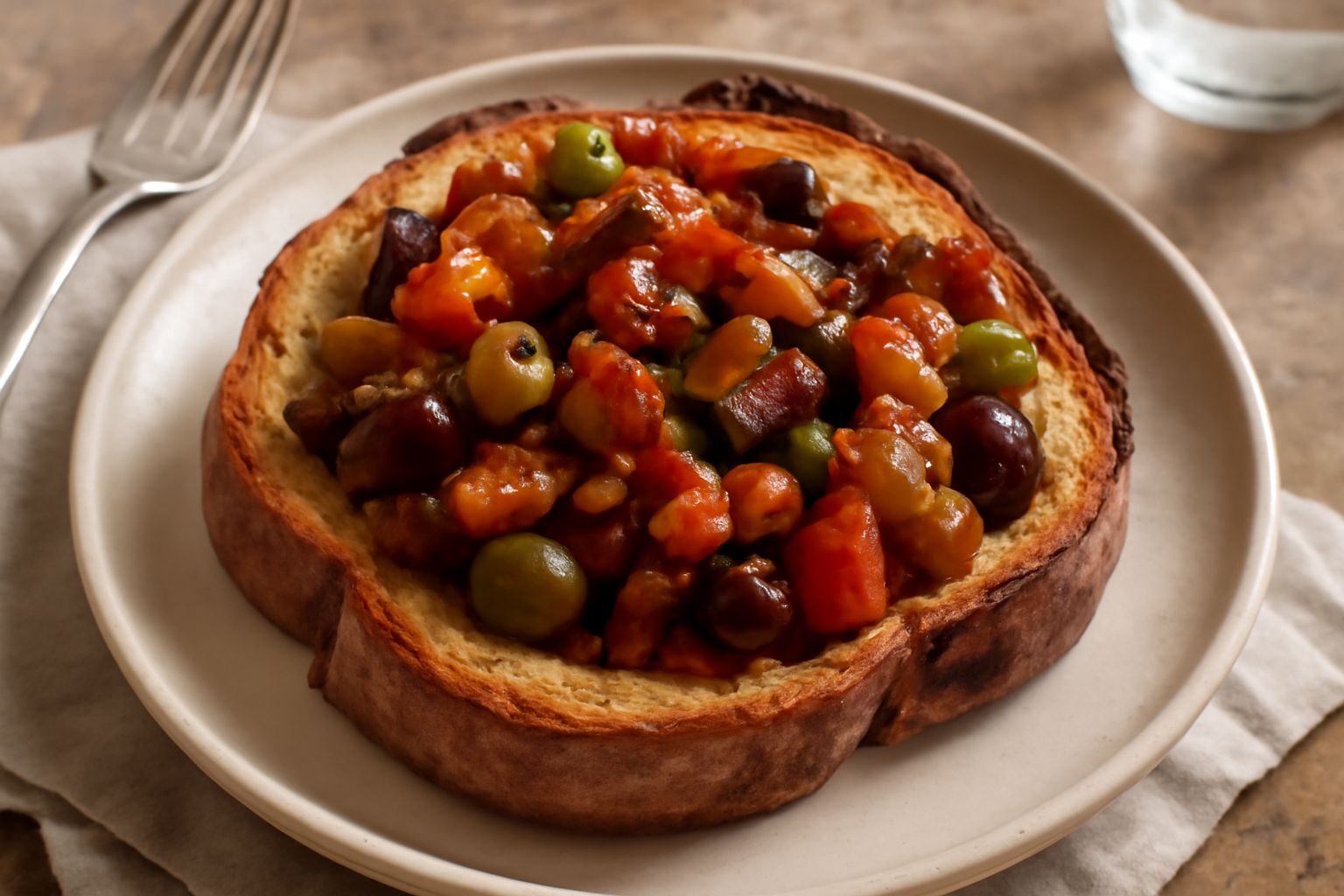 Fette di pane casereccio tostate e riempite di caponata di melanzane violacee, olive verdi e nere, pomodori rossi, con gocce di aceto lucido in superficie, impiattate su un tavolo rustico con foglie d