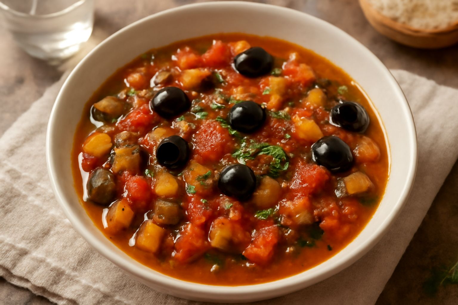 Caponata leccese in ciotola di ceramica bianca: melanzane scure tagliate a dadini, peperoni rossi e gialli, pomodori, olive nere, tutto immerso in salsa marrone dorata, guarnitura di prezzemolo fresco