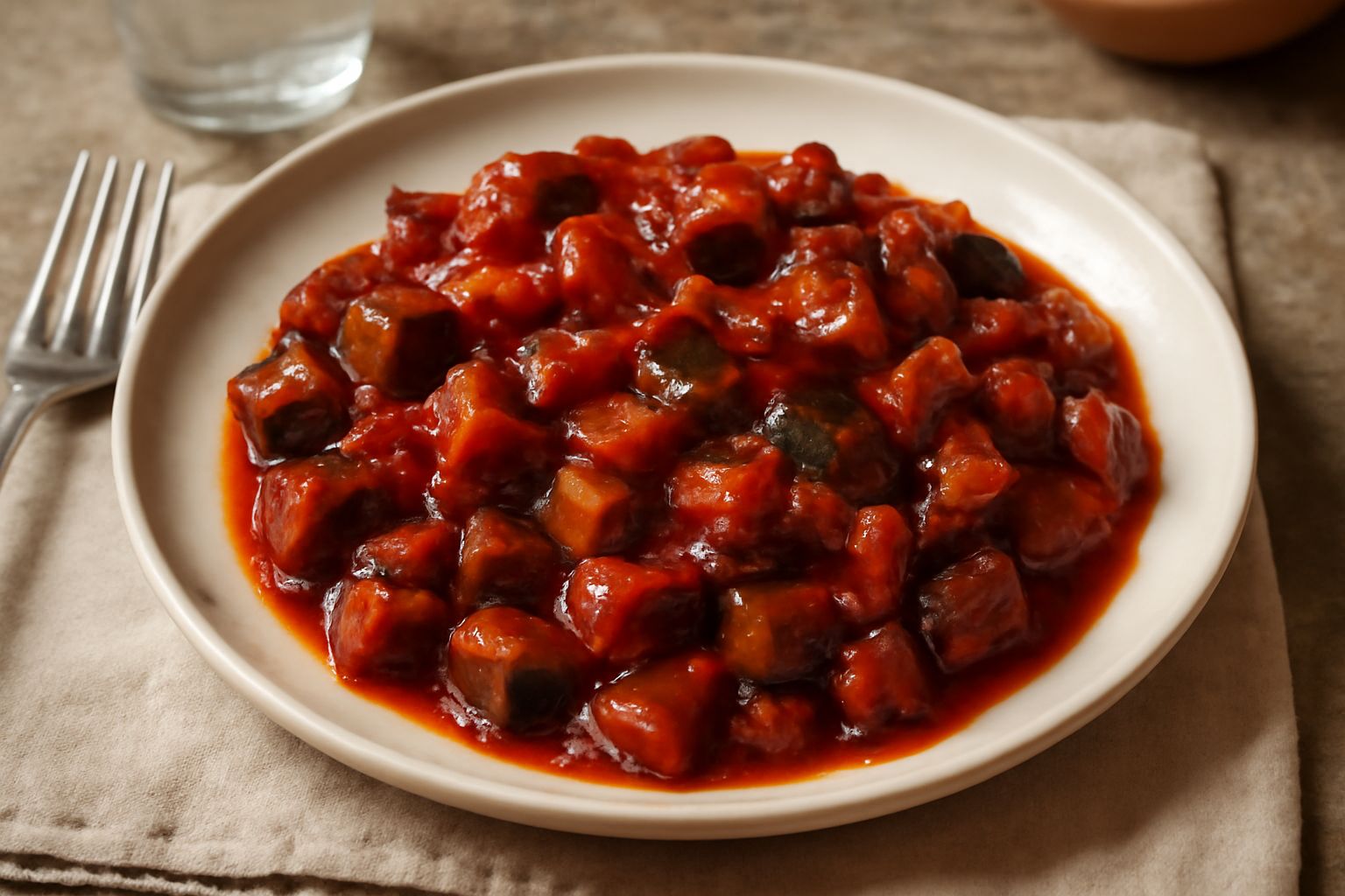 Caponata lucana servita in un piatto bianco: dadini di melanzane marrone scuro e pomodori rossi brillanti bagnati in sugo agrodolce, con piccole bolle oleose in superficie e basilico verde