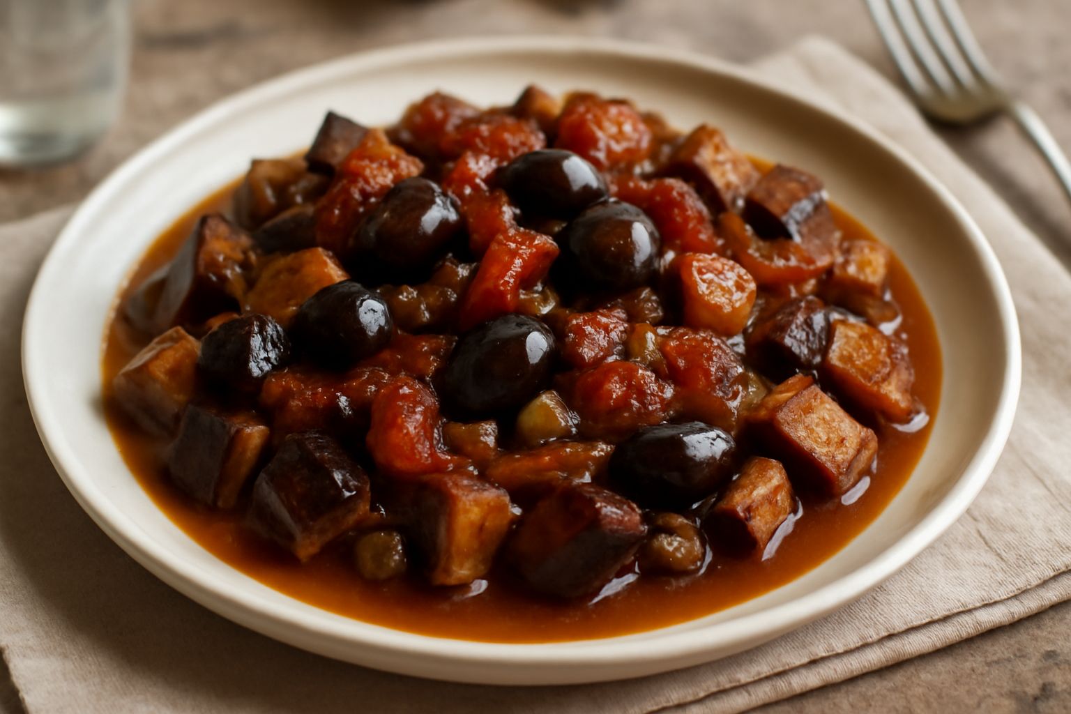 Caponata marsalese in piatto bianco: melanzane viola scure tagliate a cubetti, pomodori rossi, olive nere brillanti, il tutto in una salsa marrone dorata, aromatica, con gocce di olio visibili e peper