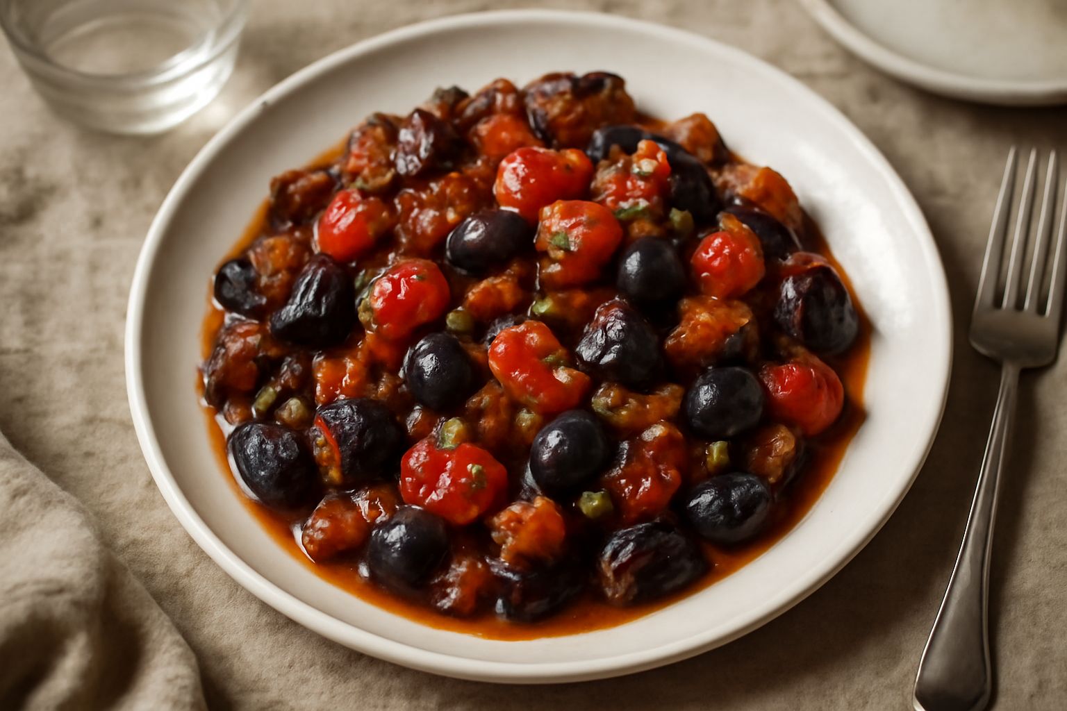 Caponata modicana versata in una ciotola bianca: melanzane scure e brillanti, pomodori rossi, olive nere, il sugo agrodolce che lega gli ingredienti, servita a temperatura ambiente su tavolo di legno 