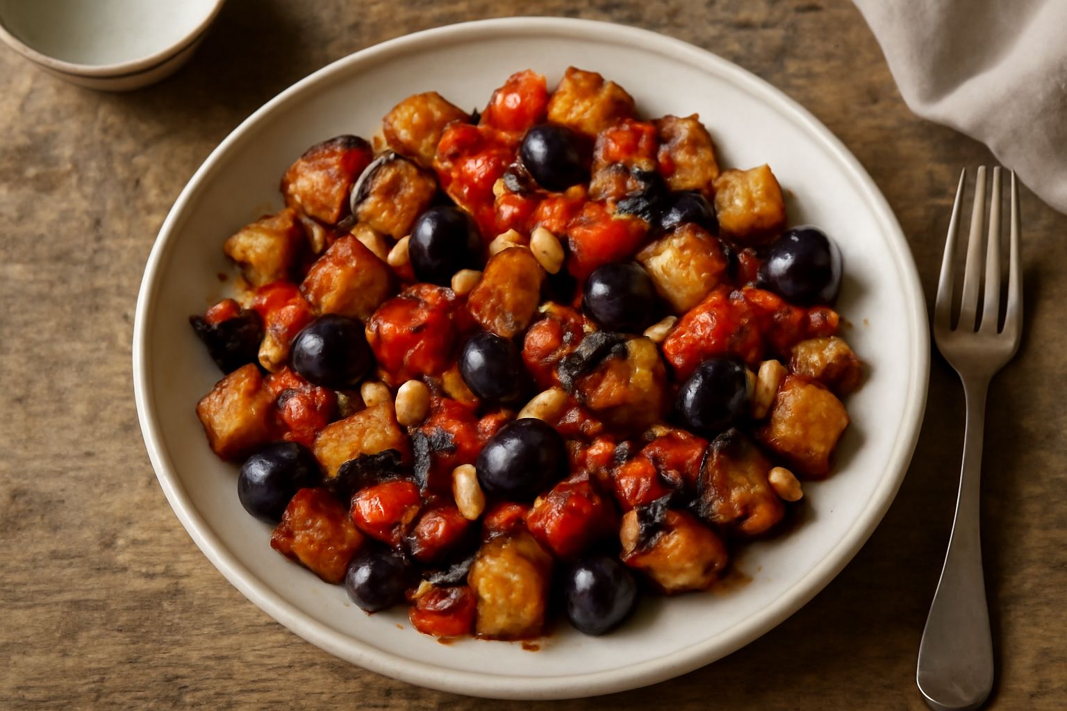 Caponata napoletana in ciotola bianca: melanzane tagliate a pezzi, pomodori rossi, olive nere, uvetta e pinoli, condimento lucido agrodolce, guarnizione con basilico fresco