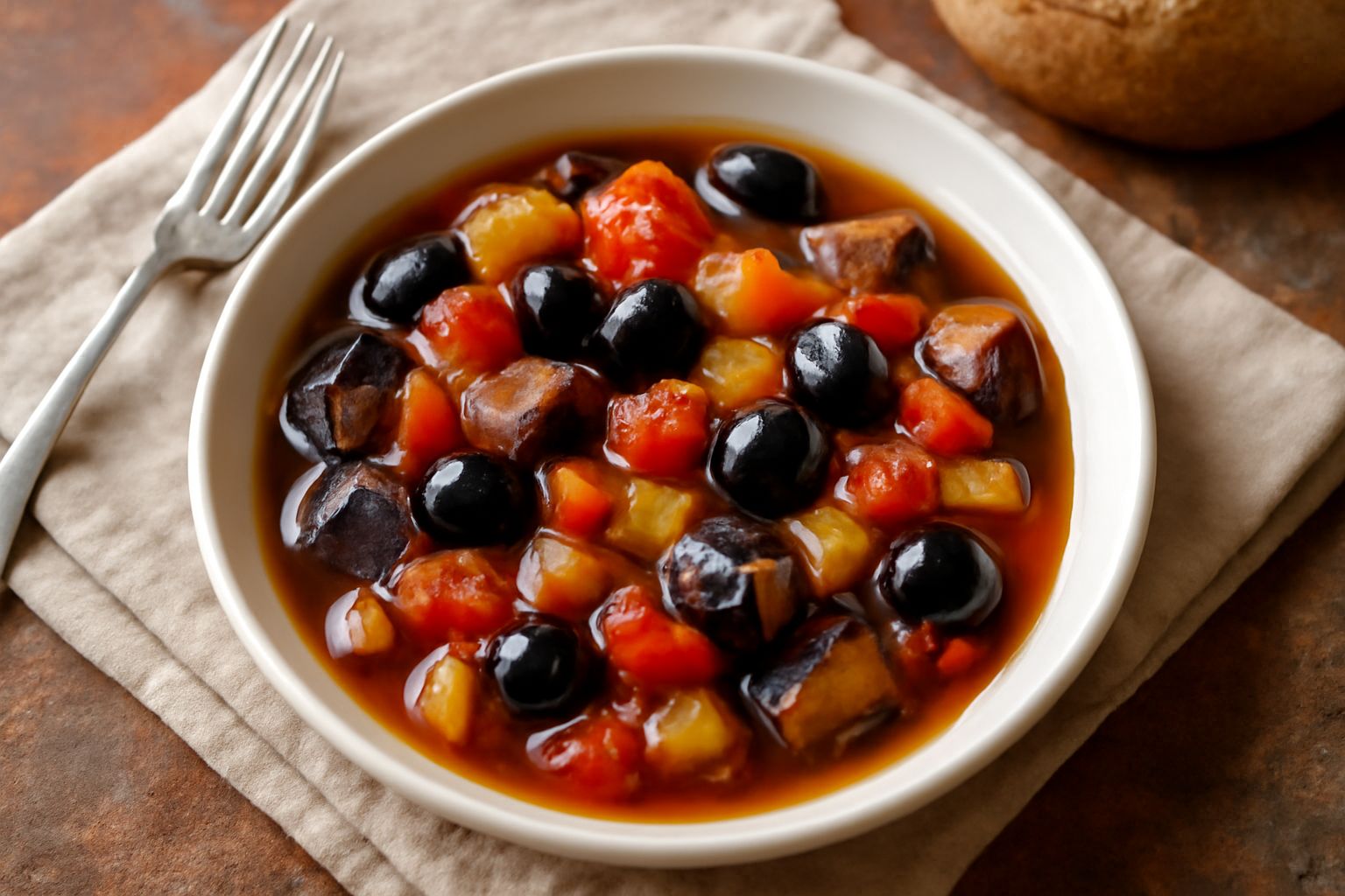 Caponata nel pani in ciotola bianca: melanzane viola tagliate, pomodori rossi, olive nere, sedano bianco, il tutto immerso in brodo trasparente agrodolce, guarnito con basilico fresco verde