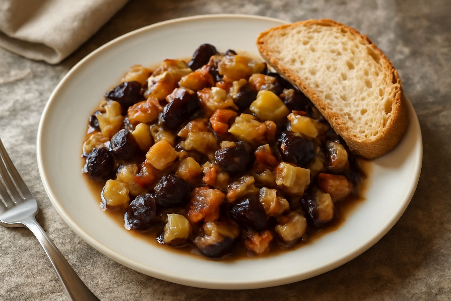 Caponata pani servita in piatto bianco: melanzane tagliate a pezzi croccanti, sedano e cipolla trasparenti, con olio lucido e aceto, guarnita con prezzemolo fresco verde