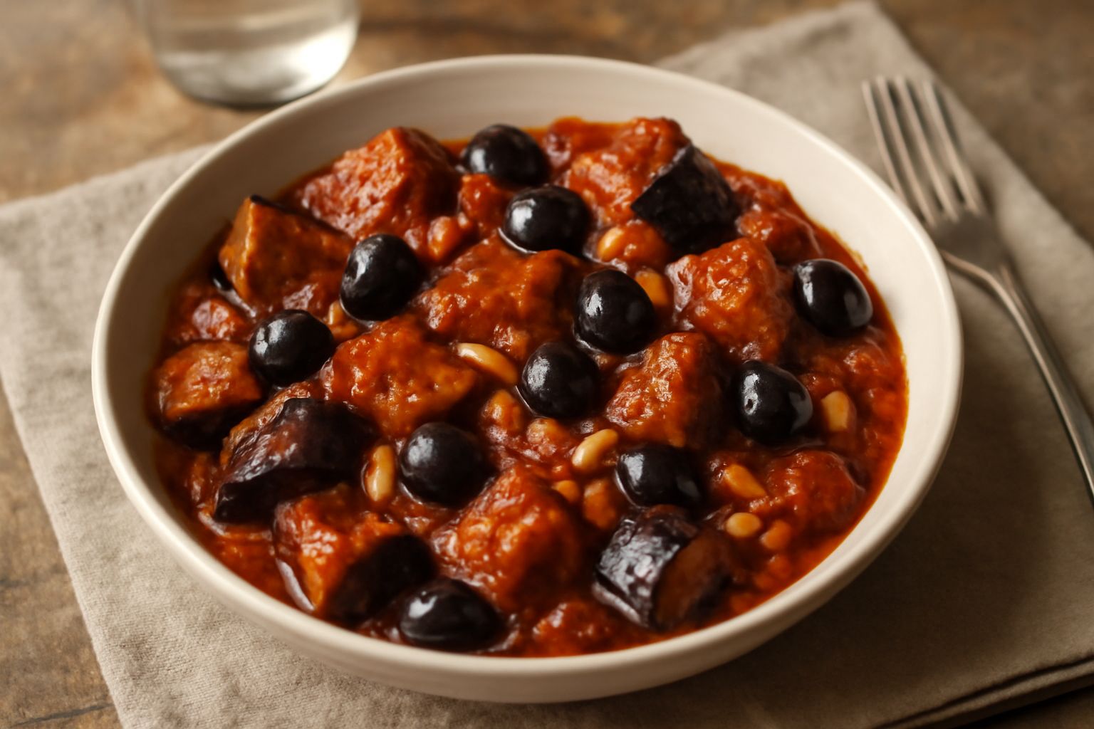 Caponata ragusana in un piatto bianco: melanzane viola scure tagliate a pezzi, pomodori rossi, olive nere, ricoperti da un sugo marrone rossiccio e guarniti con pinoli e prezzemolo fresco