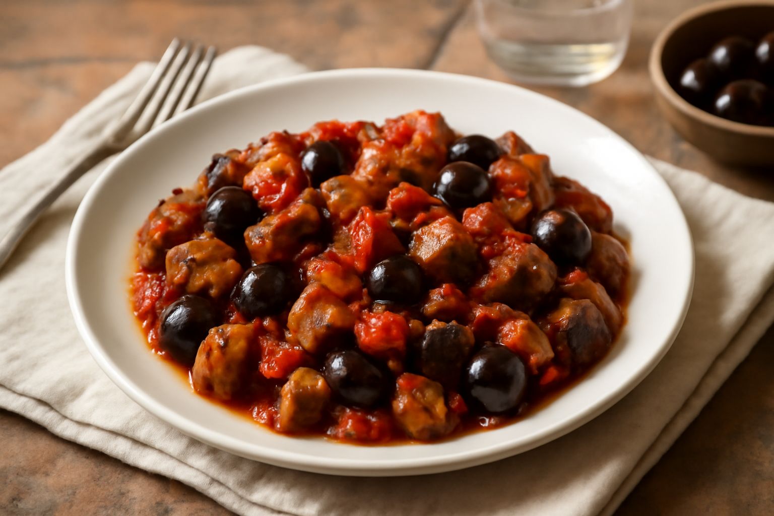 Caponata salernese in piatto bianco: melanzane viola scure tagliate a cubetti, pomodori rossi, olive nere, cipolla dorata, tutto immerso in olio lucido, con basilico fresco al centro