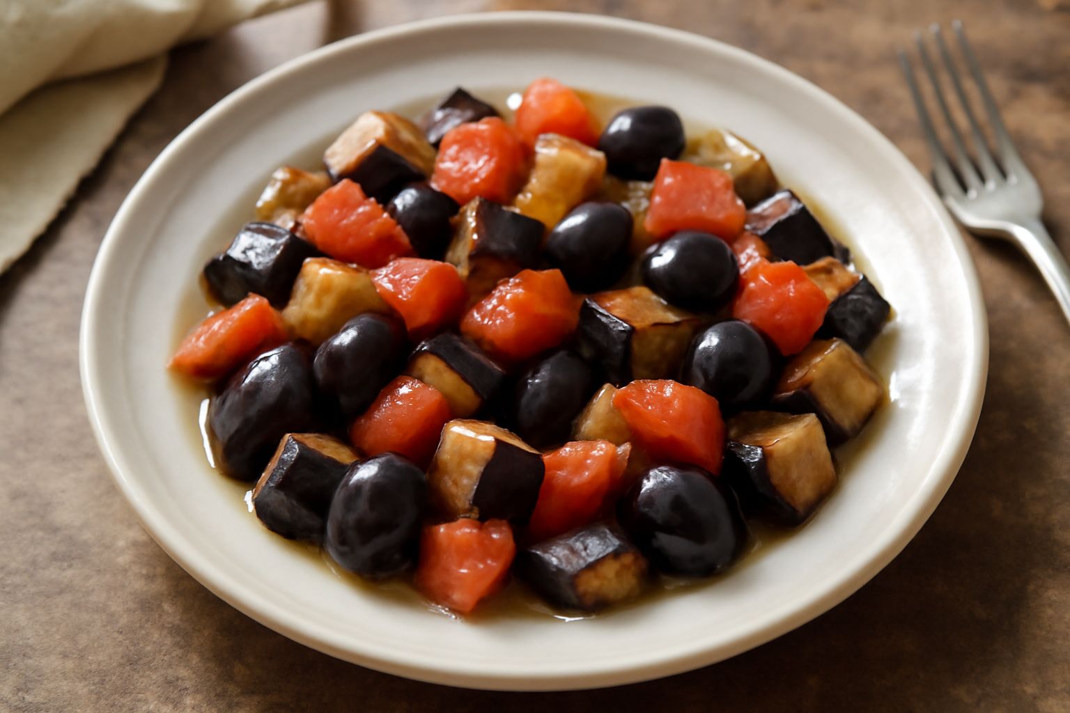 Caponata savonese in ciotola: melanzane viola scure tagliate a dadini, pomodori rossi, olive nere, basilico verde fresco, condimento lucido di olio