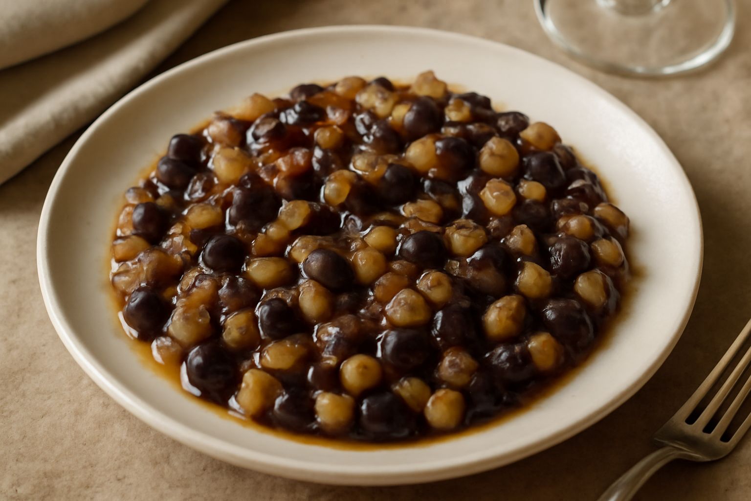 Caponata senese in piatto bianco: melanzane scure tagliate a dadini, sedano e cipolla bionda mescolati, condimento lucido agrodolce, guarnizione di prezzemolo fresco