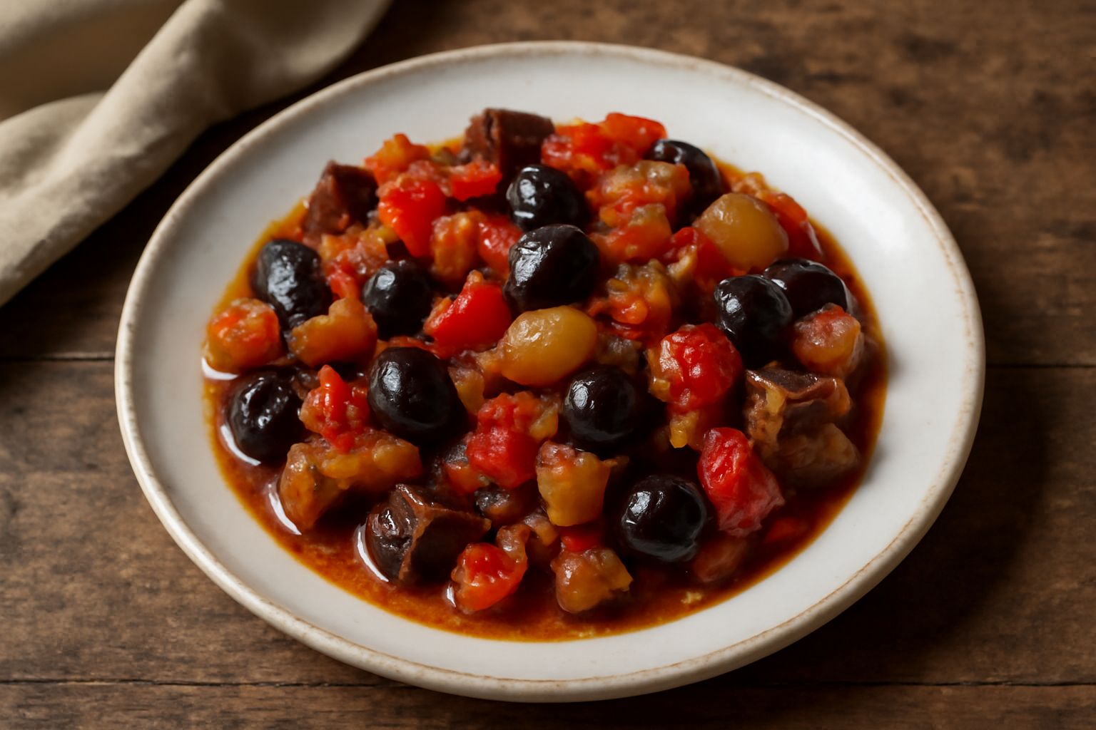 Caponata siracusana in piatto bianco: melanzane melanzane brune e morbide, pomodori rossi, olive nere lucide, cipolla riflettente di olio, servita a temperatura ambiente con cucchiaio di legno accanto