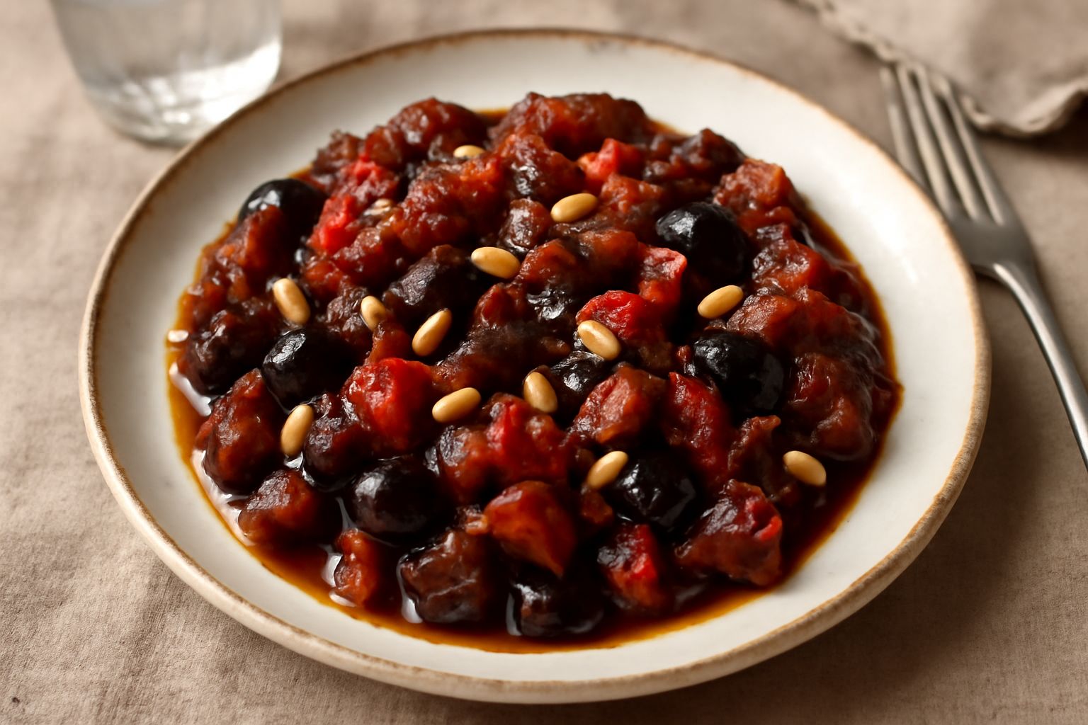 Un piatto di ceramica bianca contiene caponata toscana: cubetti di melanzana marrone scuro, pomodori rossi, olive nere brillanti e pinoli color crema sparsi in superficie, con olio d'oliva che luccica