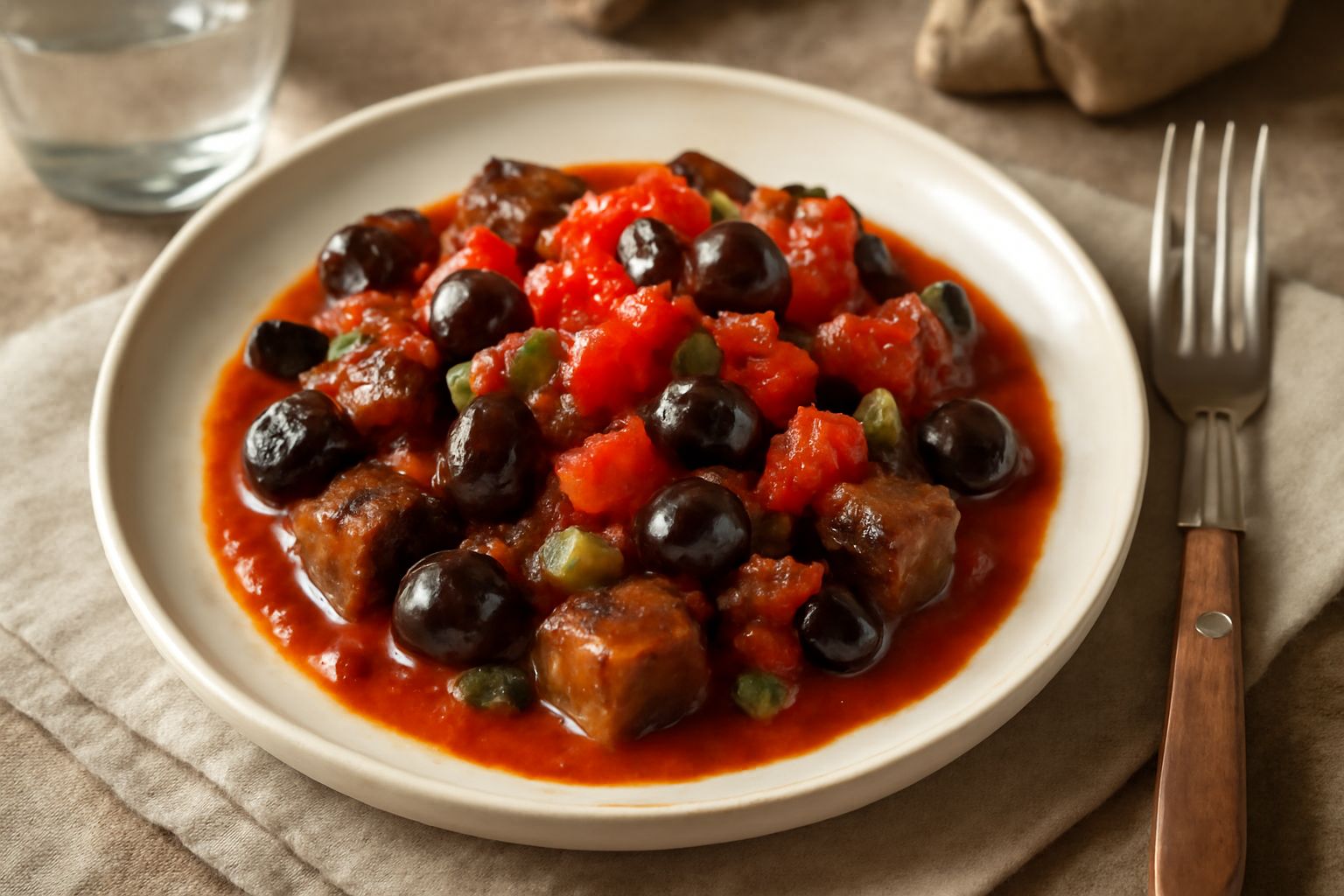 Caponata trapanese servita in piatto bianco: melanzane viola tagliate a dadini, olive nere, pomodori rossi, cipolla cruda in superficie, condimento lucido agrodolce, prezzemolo verde come guarnizione