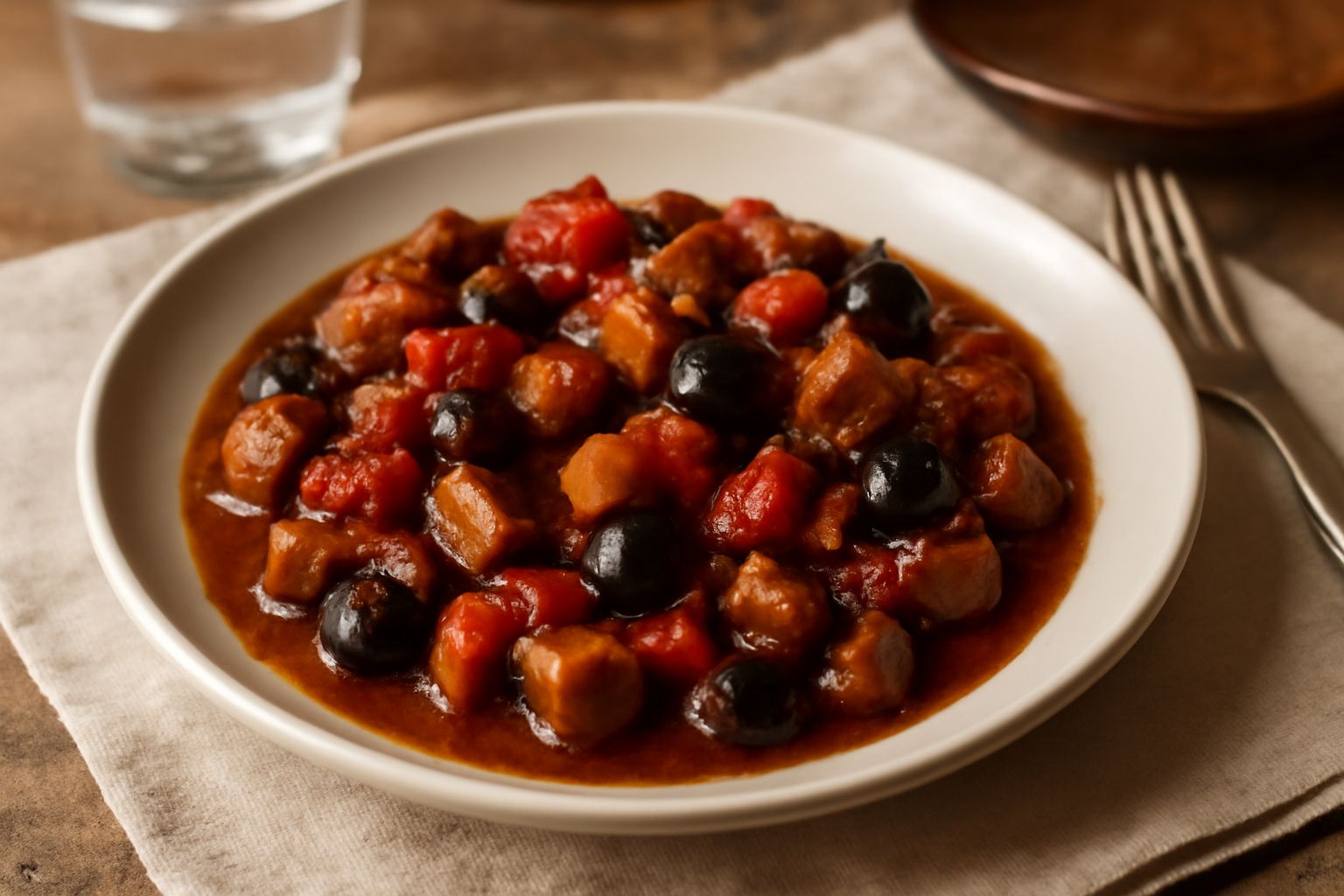 Caponata umbra in piatto bianco: melanzane tagliate a dadini color marrone dorato, pomodori rossi in pezzi, olive nere, tutto leggermente lucido e misto con salsa rosso-scura. Guarnizione di prezzemol